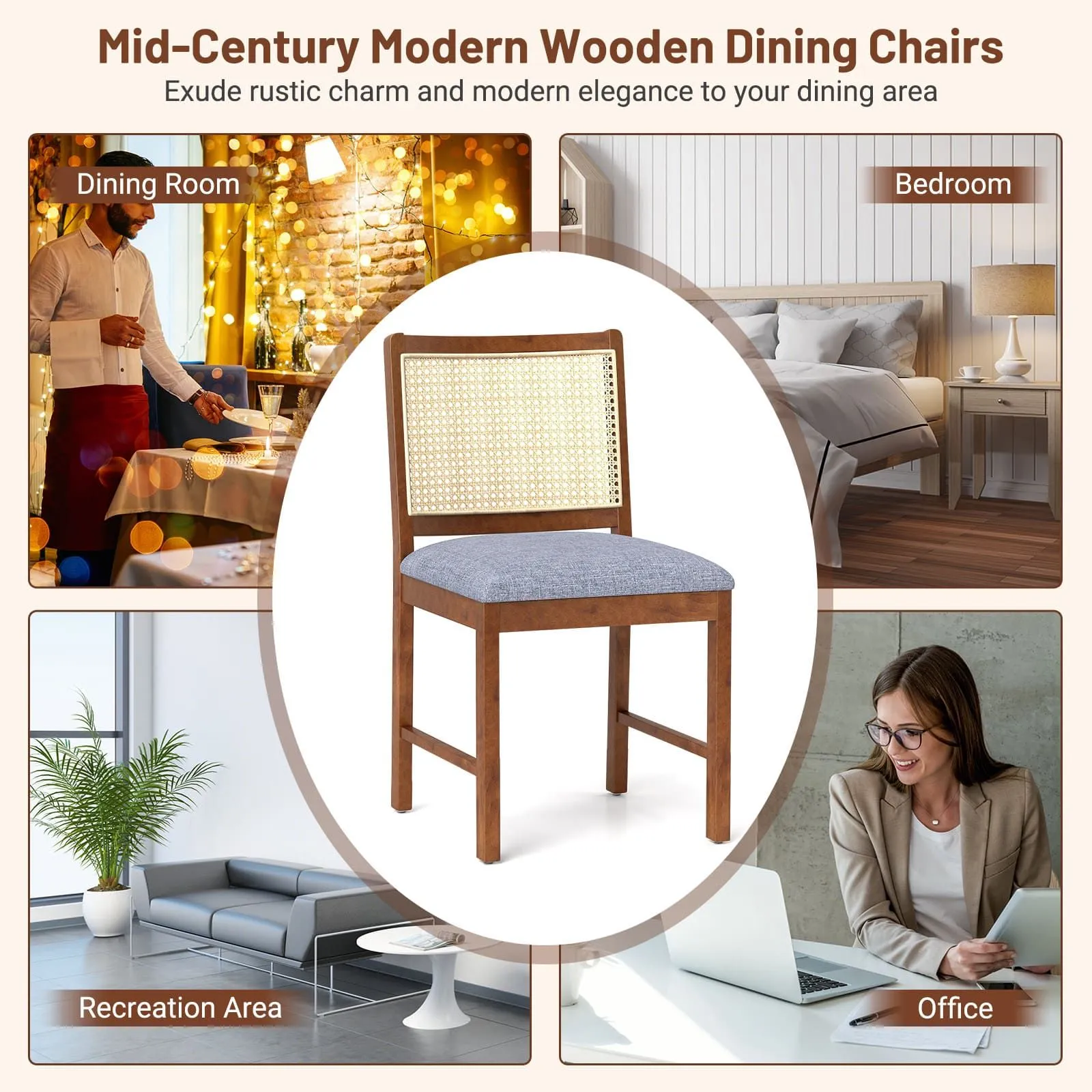 Costway Rattan Dining Chair Set of 2 Wooden Upholstered Kitchen Chairs-Brown in Brown 4