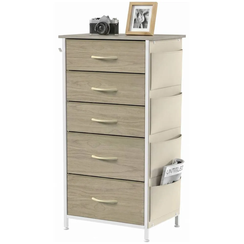 HOMCOM Fabric Chest of Drawers, 5 Drawer Dresser for Bedroom, Natural Wood