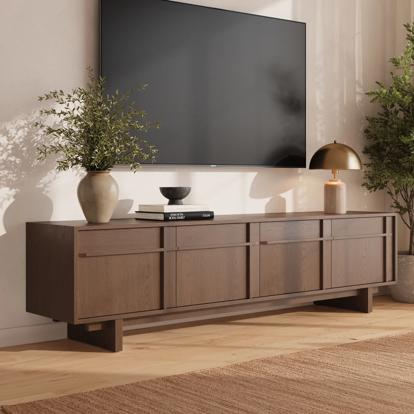 Panvyr 80" Ash Wood Walnut TV Stand with Storage