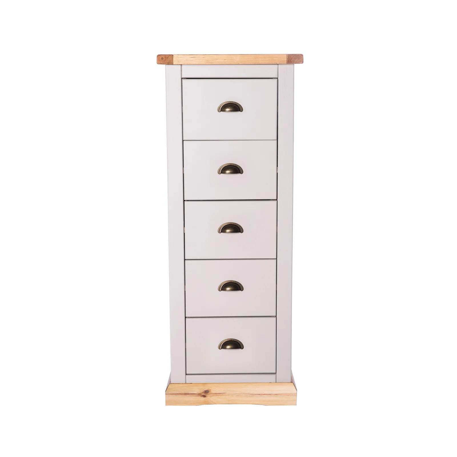 Cabinet Bits Bomporto 5 Drawer Narrow Chest of Drawers Brass Cup Handle in Light Grey