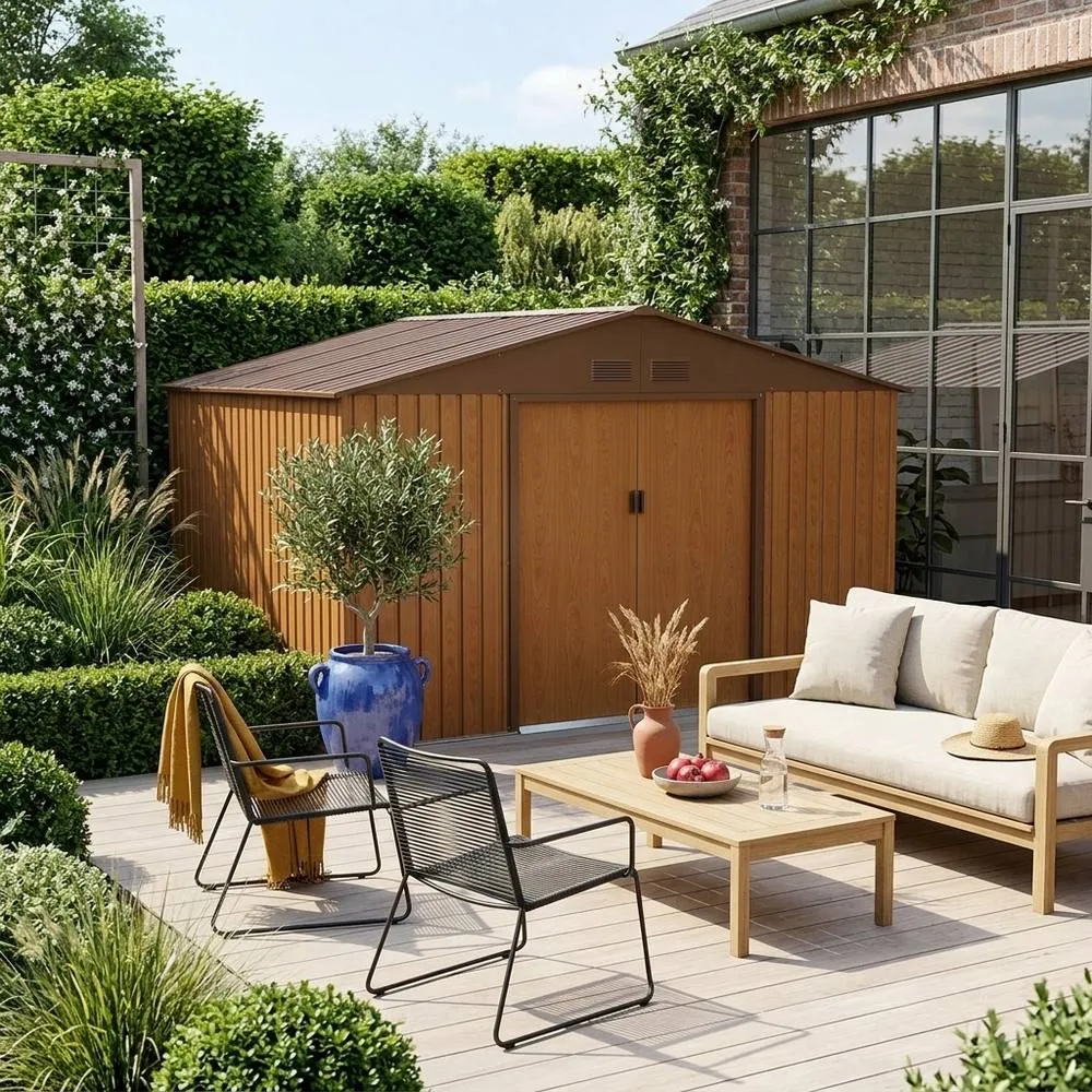 sweeek 10.85 m² metal garden shed with two sliding doors in Brown 1