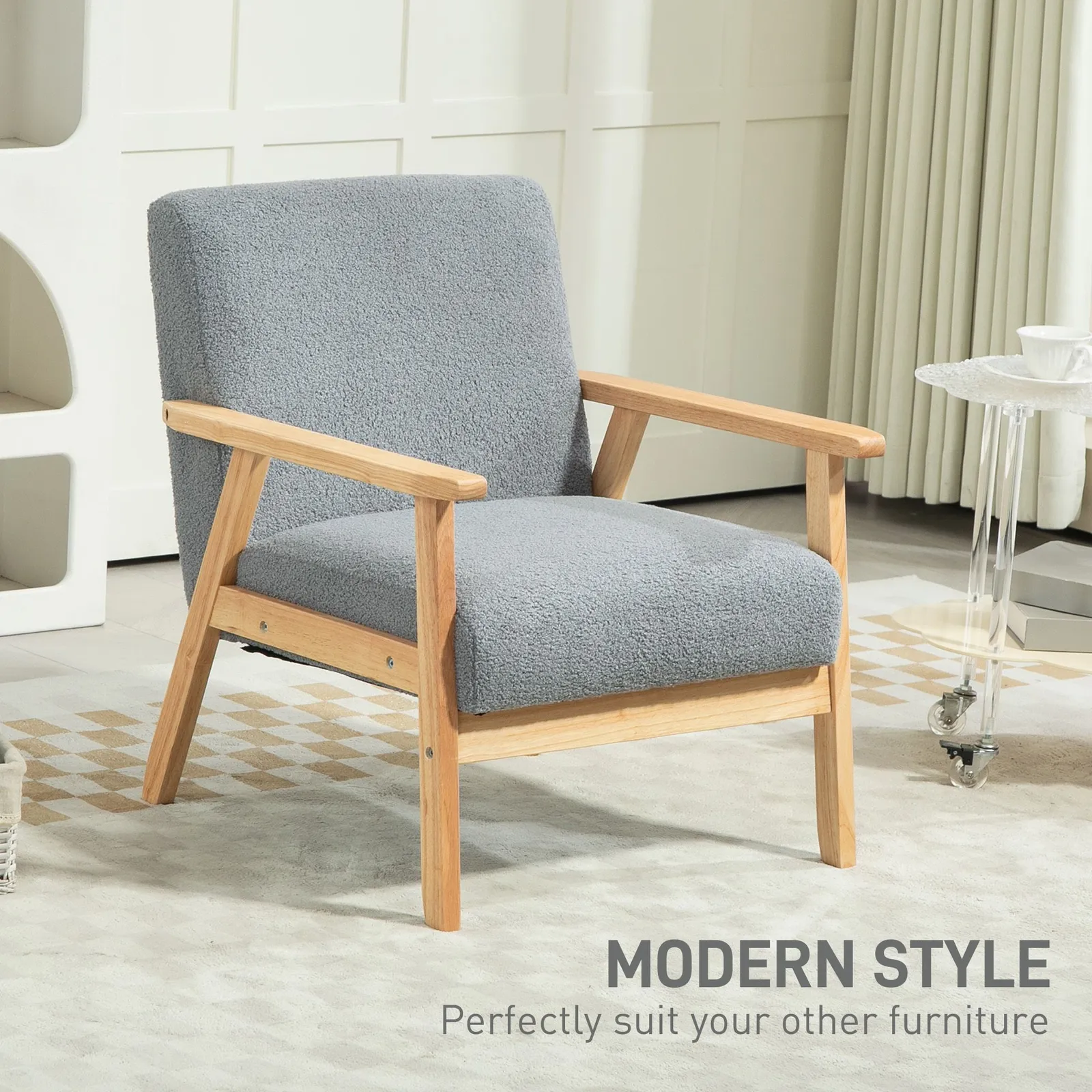 HOMCOM Accent Chair with Wood Frame Wide Seat Sherpa Fleece Armchair Grey 4