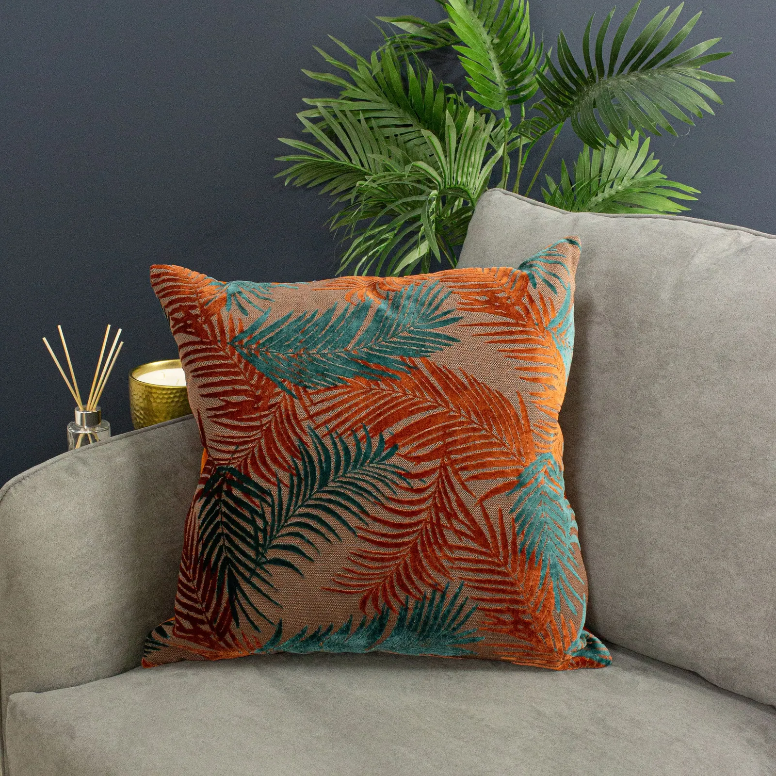 Paoletti Palm Grove Velvet Jacquard Fern Cushion in Burnt Orange 1