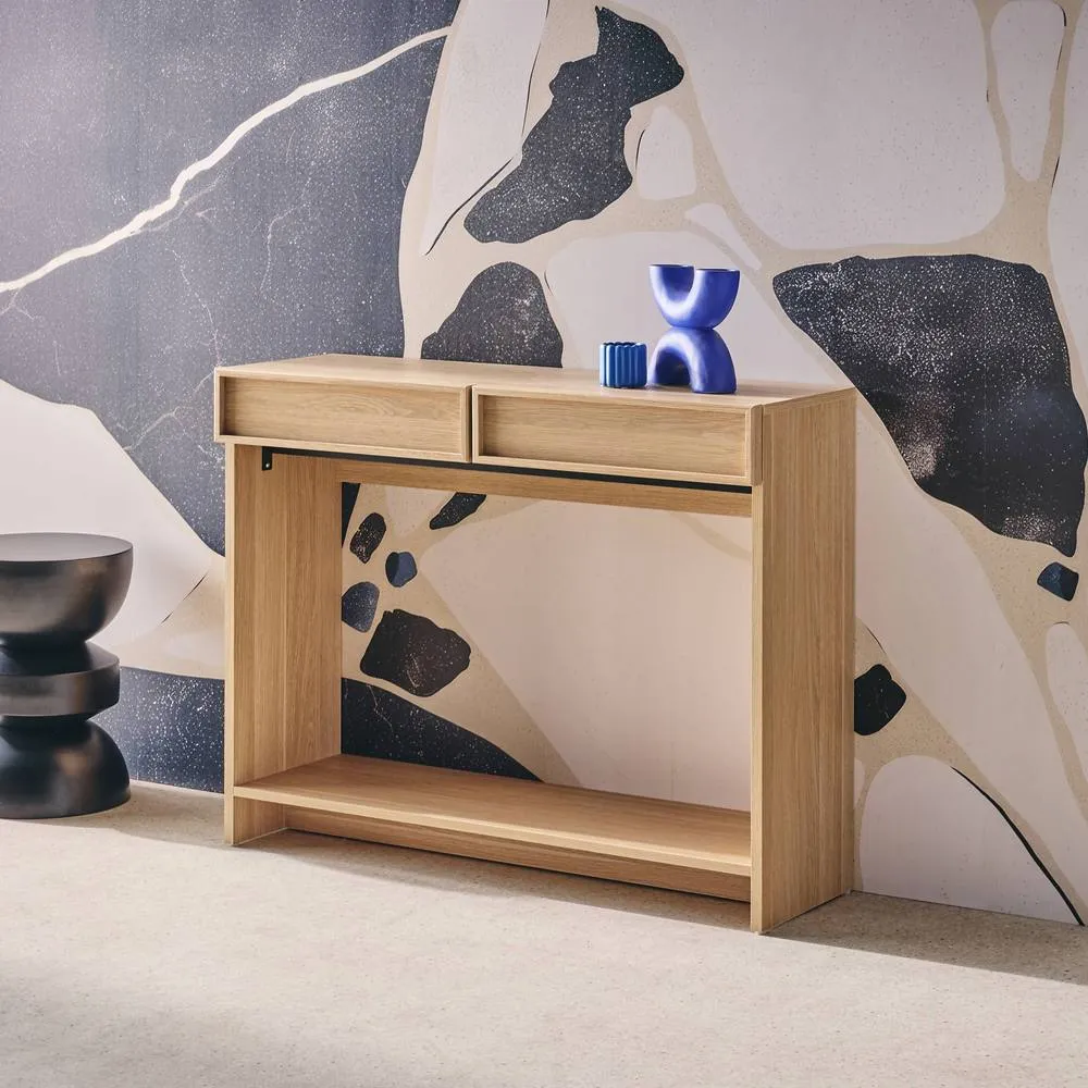 sweeek Wood effect console 2 drawers & shelf in Beige 3