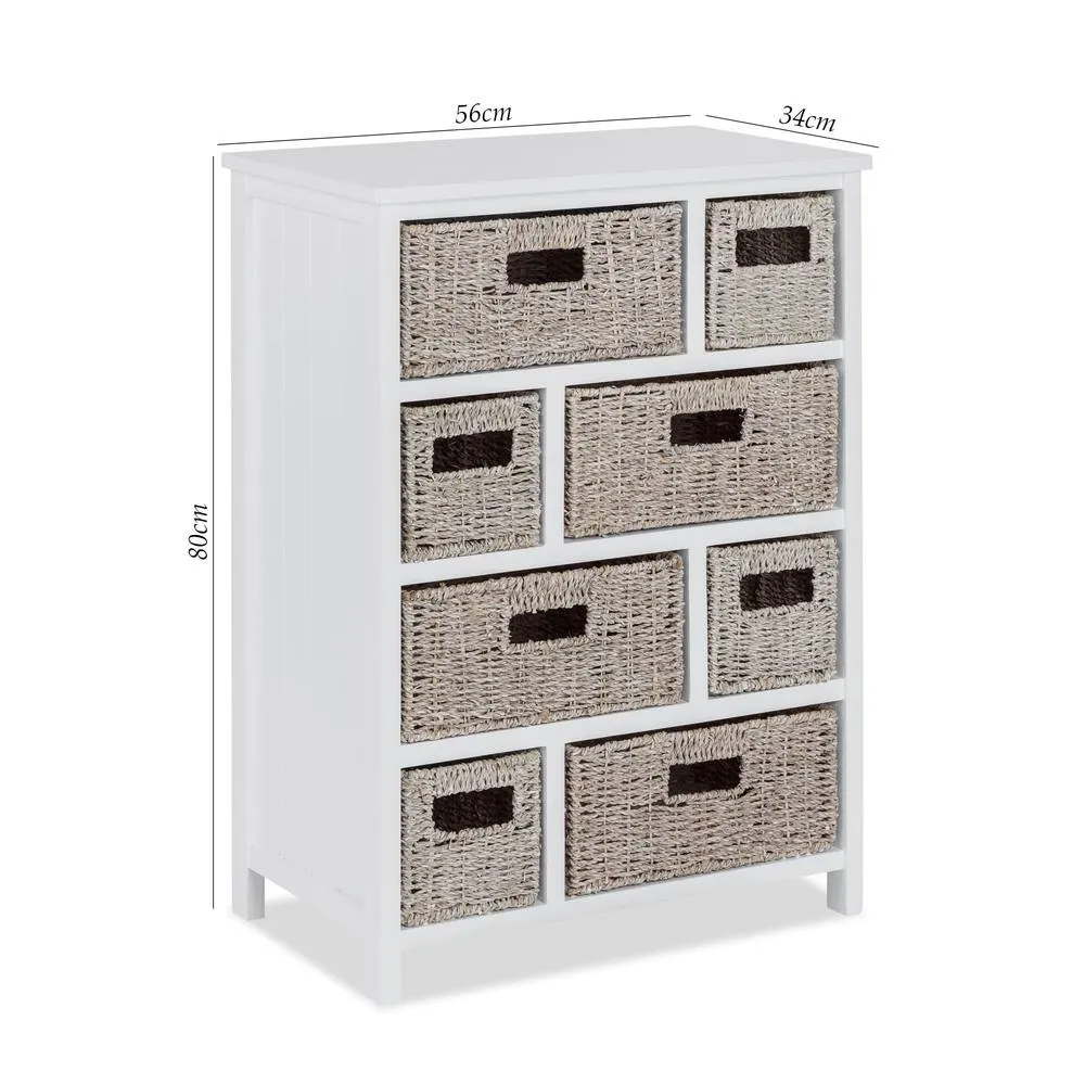 Statement Furniture Tetbury 8 Drawer Storage Unit- White with Whitewash Seagrass Baskets 2
