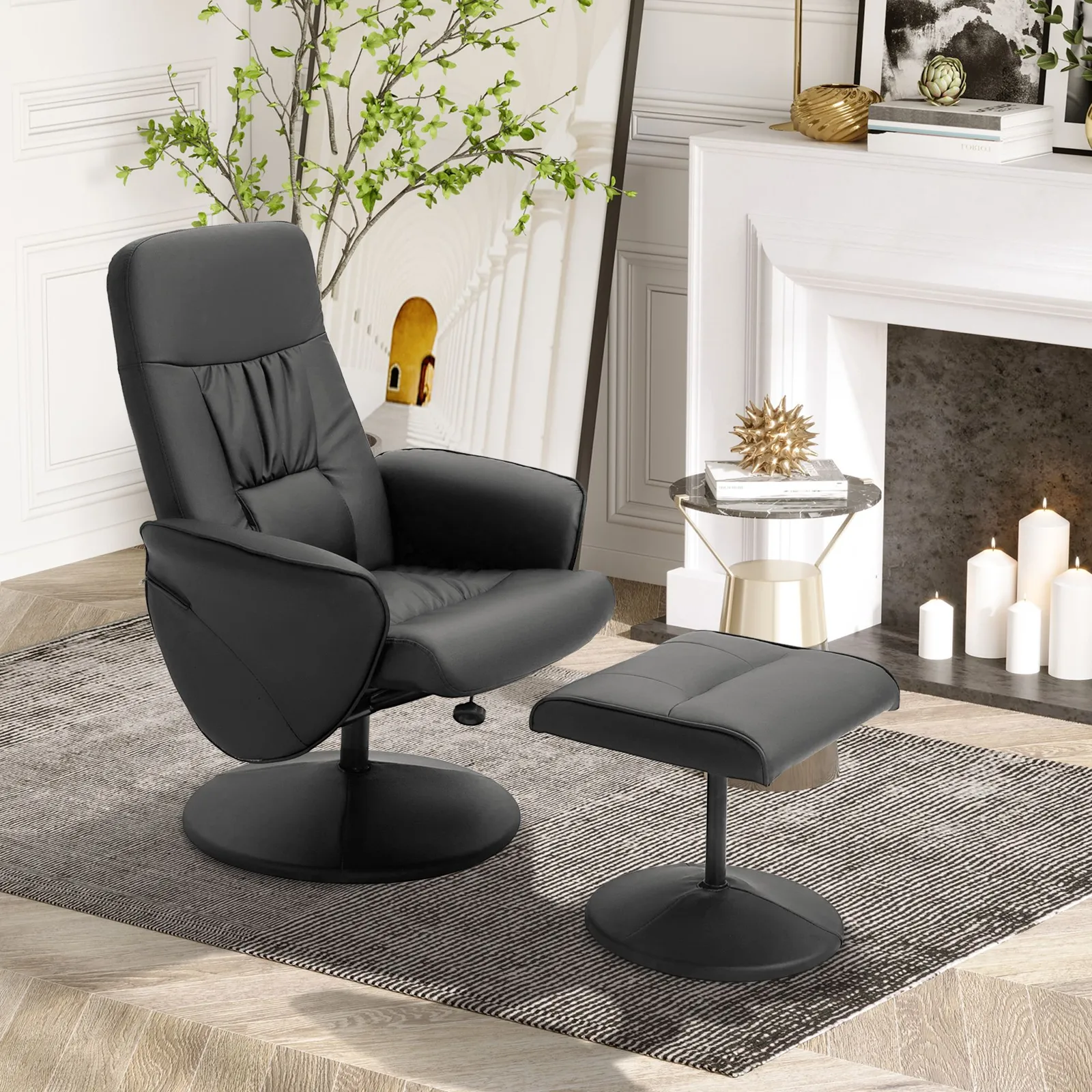HOMCOM 2 Pcs Reclining Armchair Ottoman 360° Swivel Home Furniture PU Leather in Black