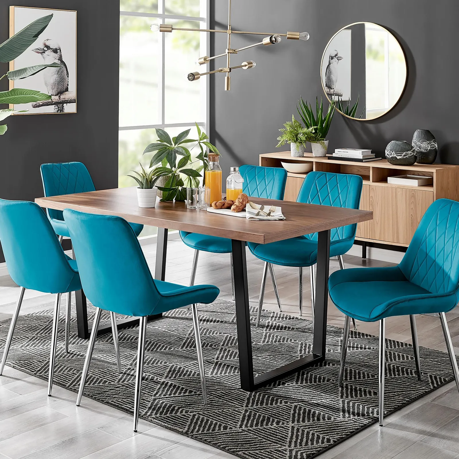 FurnitureboxUK Kylo Large Brown Wood Effect Dining Table & 6 Pesaro Velvet Silver Leg Chairs in Blue 1