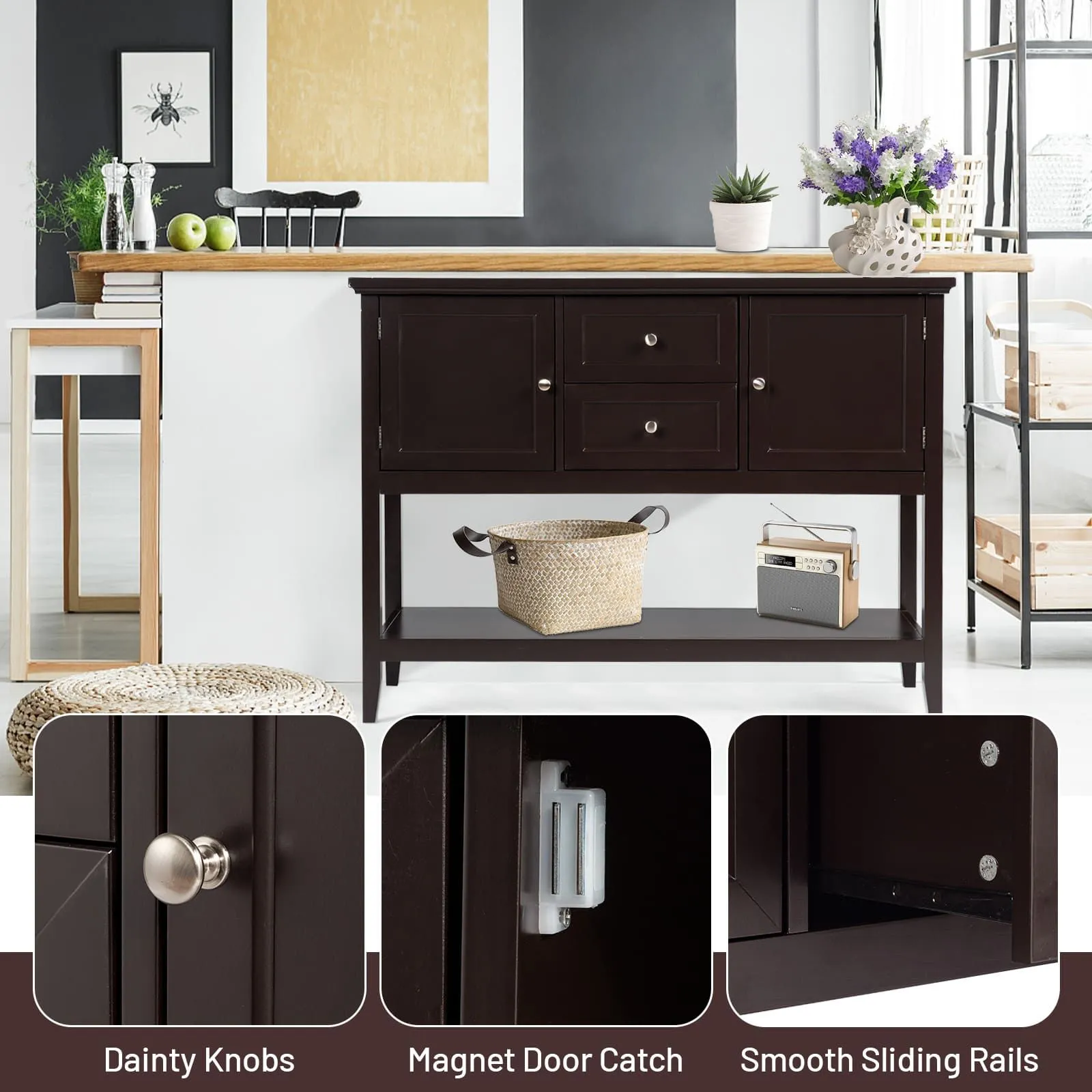 Costway Console Sofa Table Narrow Entryway Table W/ 2 Drawers & 2 Cabinets in Brown 3