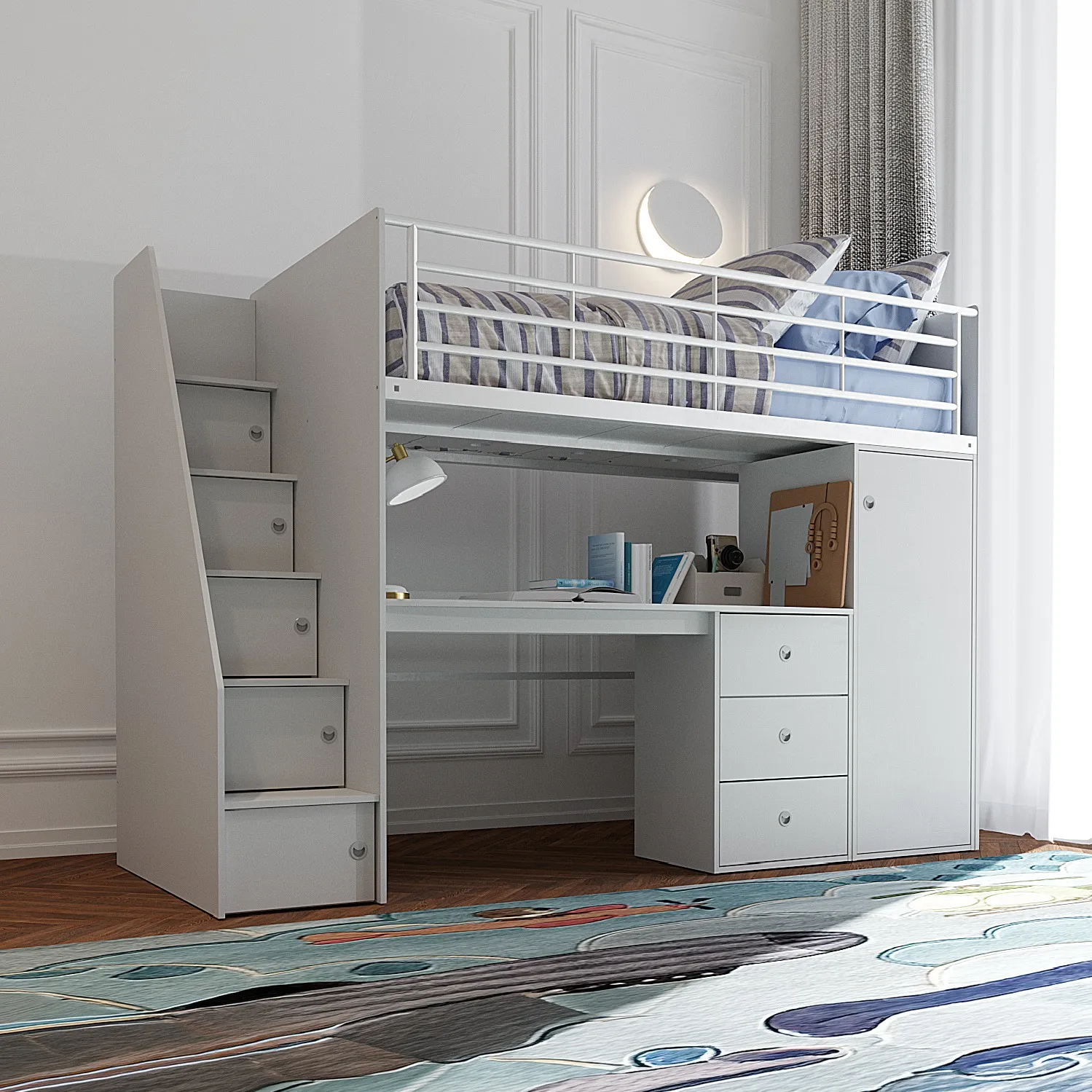 Dakota - Single - High Sleeper with a Desk, Drawers and Cupboard - Grey - Wooden - 3ft - Happy Beds 1