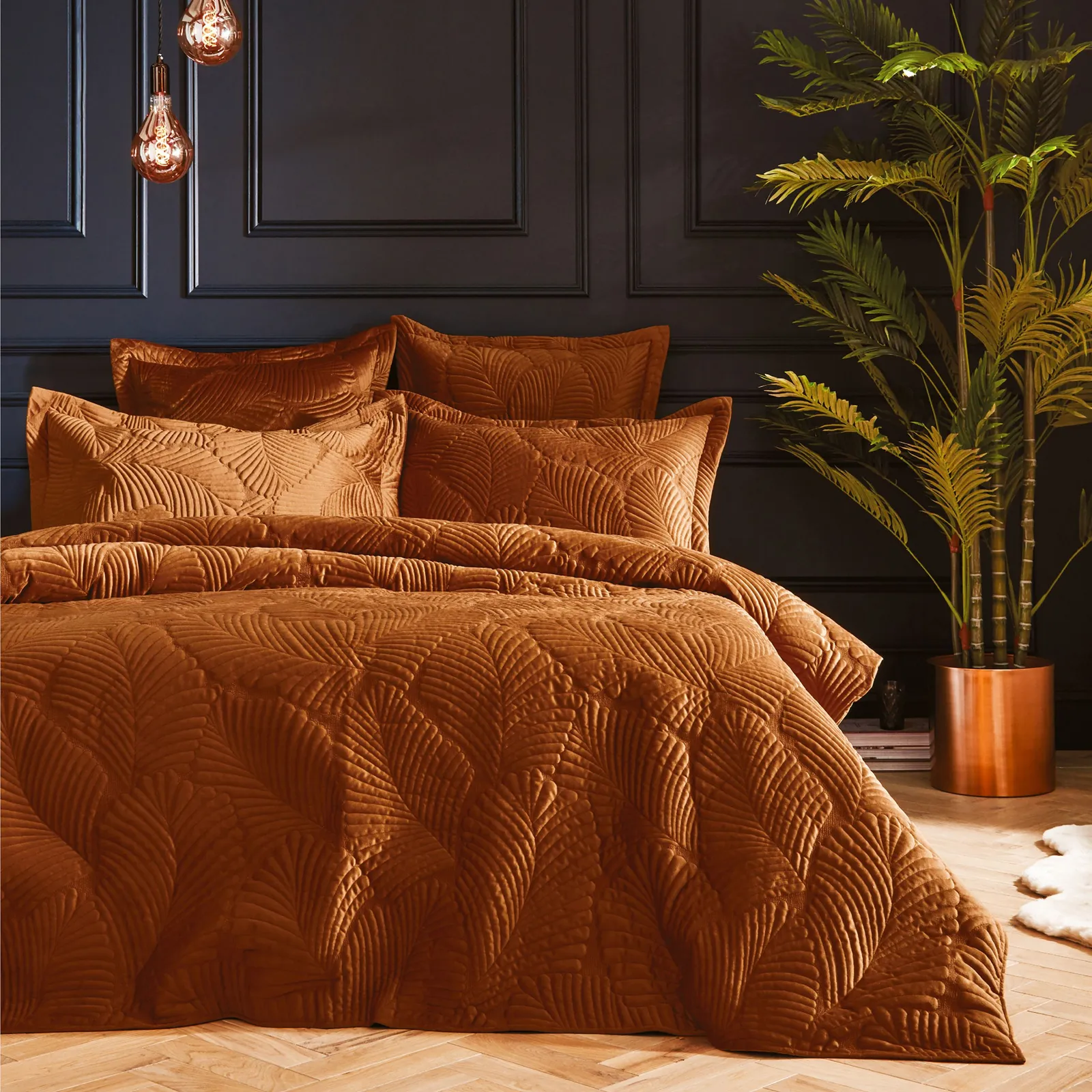 Paoletti Palmeria Quilted Velvet Pillowcase in Burnt Orange 2