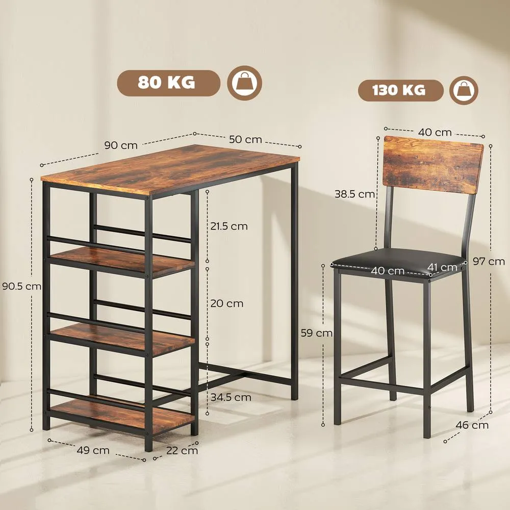 HOMCOM Industrial Bar Table Set with Storage & Padded Seats, Rustic Brown 3