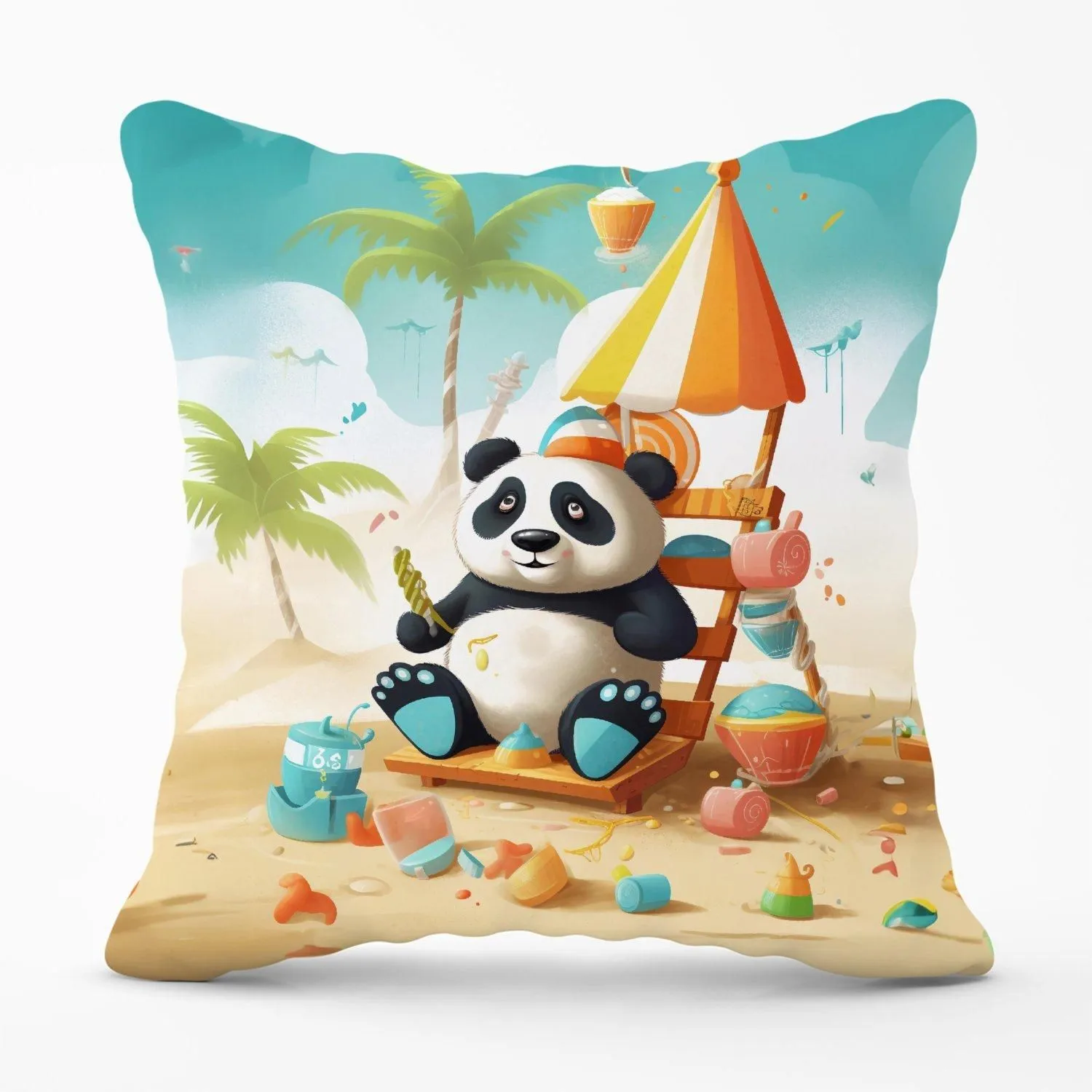 Warren Reed - Designer Happy Panda On A Beach Holiday Outdoor Cushion in Yellow