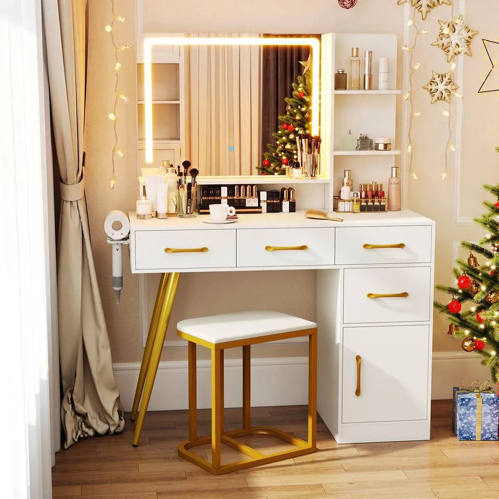 Costway Vanity Desk w/ Stool Makeup Dressing Table Set w/ LED Mirror in White 5