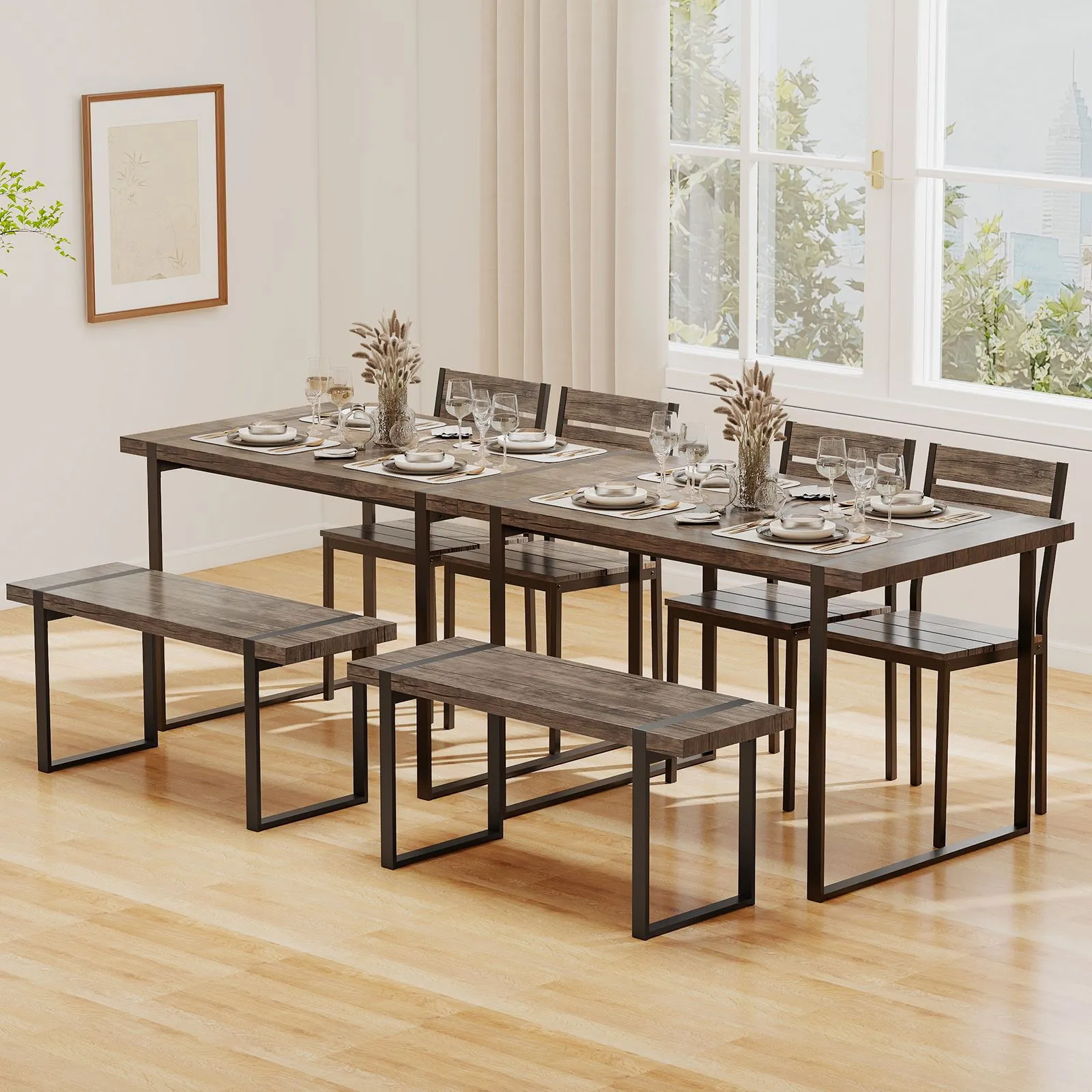 Costway 4PCS Dining Table Set for 4 Wooden Rectangular Kitchen Table in Grey 6