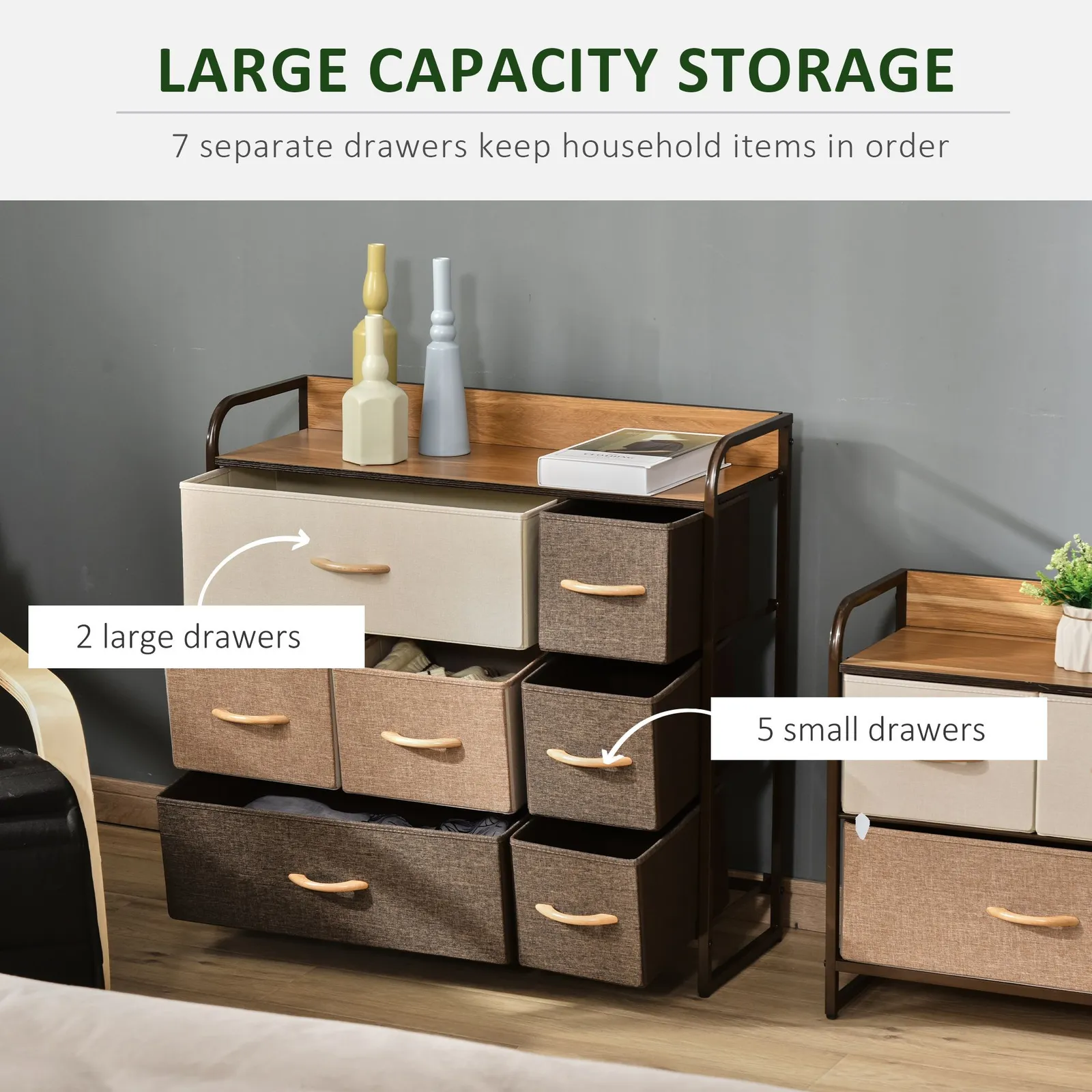HOMCOM 3-Tier Fabric Bedroom Dresser with 7 Foldable Drawers, Multi-Colored in Brown 4