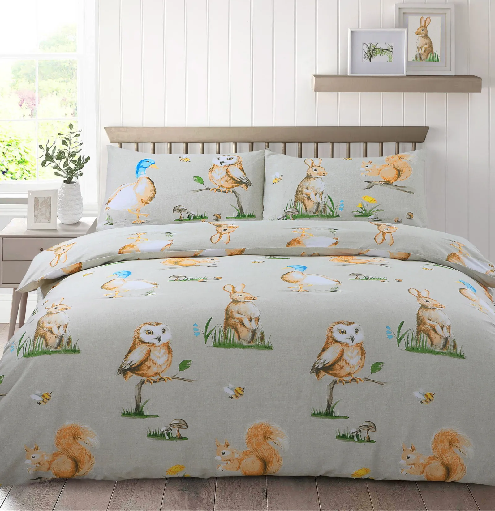 Velosso Country Animals Cotton Rich Printed Duvet Cover & Pillowcase Set in Grey