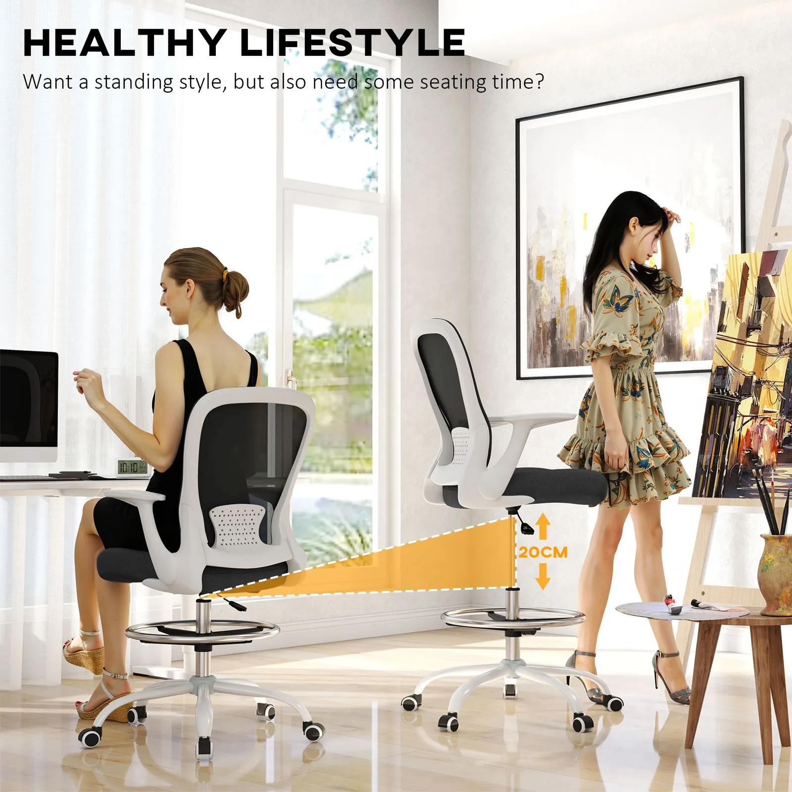 HOMCOM Mesh Draughtsman Chair, Ergonomic Drafting Chair in Black 5