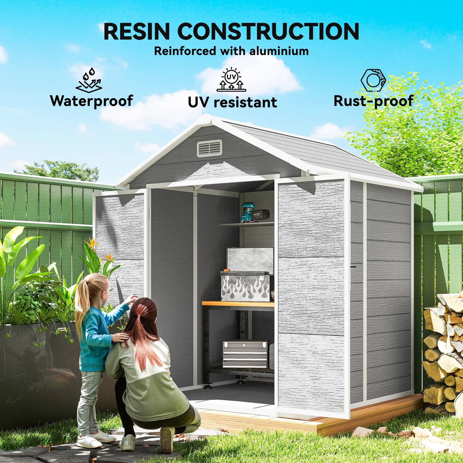 OUTSUNNY 6 x 5ft Resin Garden Shed with Floor & Window, Dark Grey 6