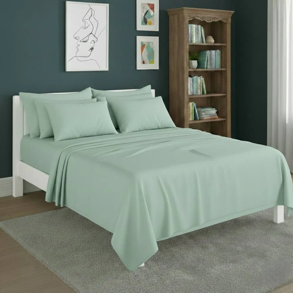 Snug City Plain Poly Cotton Easy Care Fitted Flat Sheet Matching Pillowcases Set in Mint
