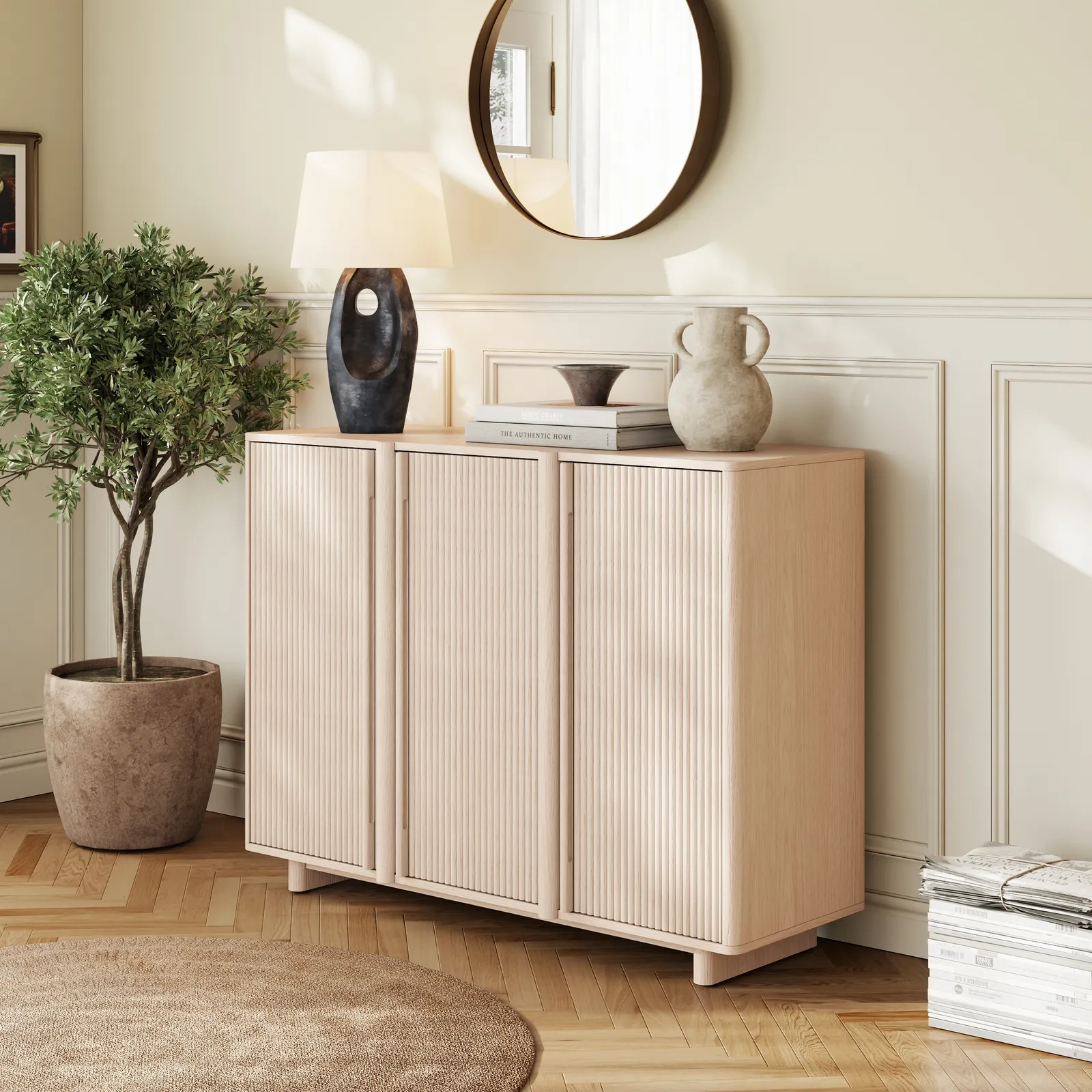 Lineva 48" Ash Wood Veneer Shoe Storage Fluted Entryway Cabinet