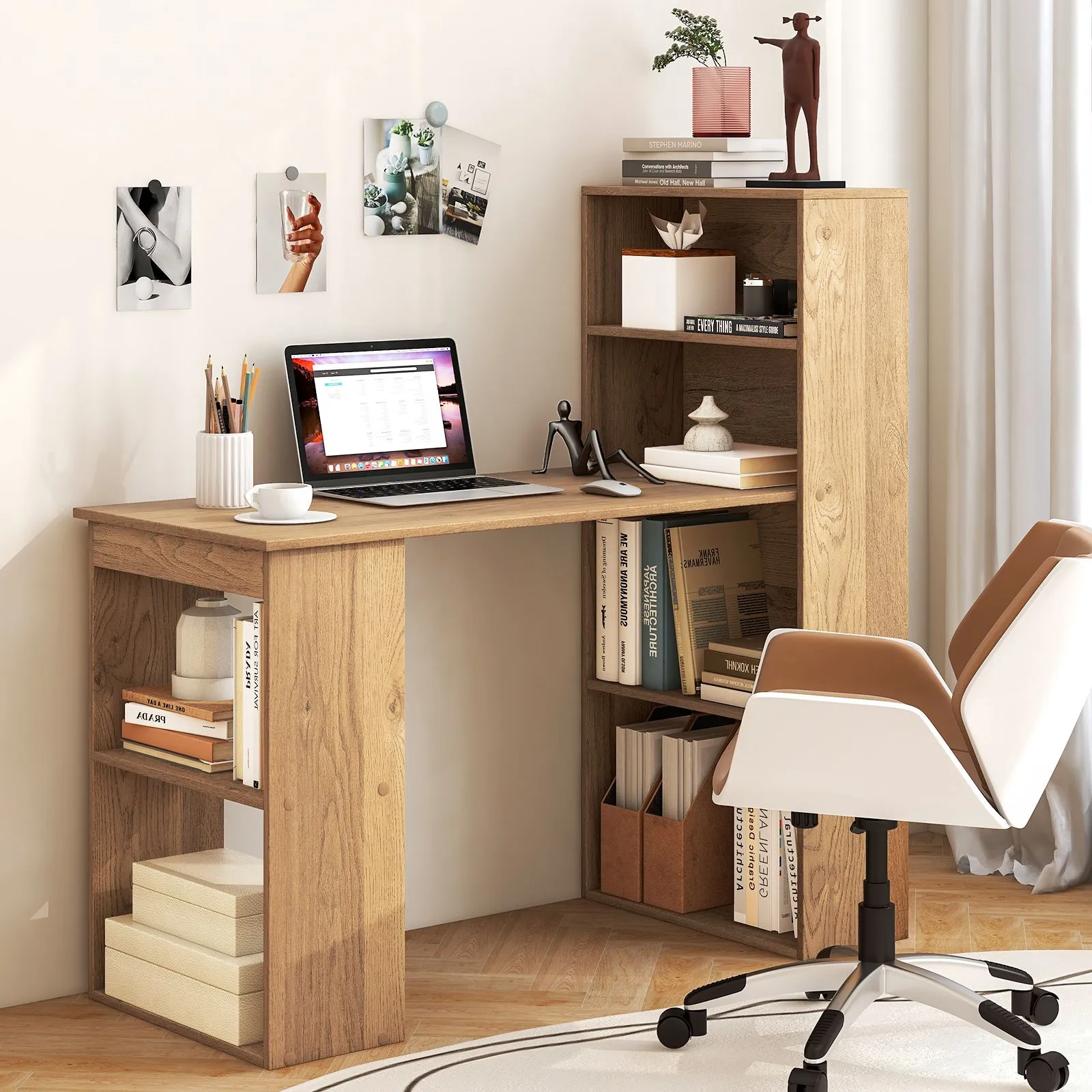 Costway 48"Computer Desk w/ Bookcase Modern Writing Desk w/ 6-tier Storage Shelves Home Office in Natural 5
