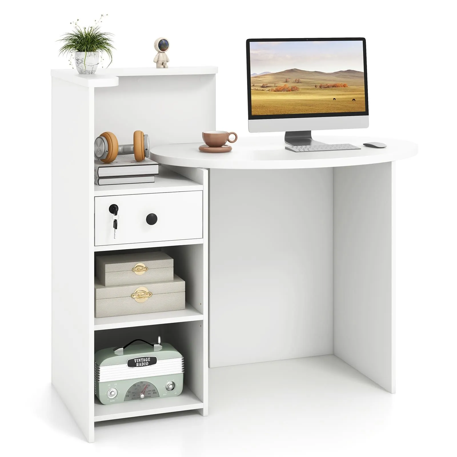 Costway Corner Front Reception Counter Desk with Lockable Drawer in White