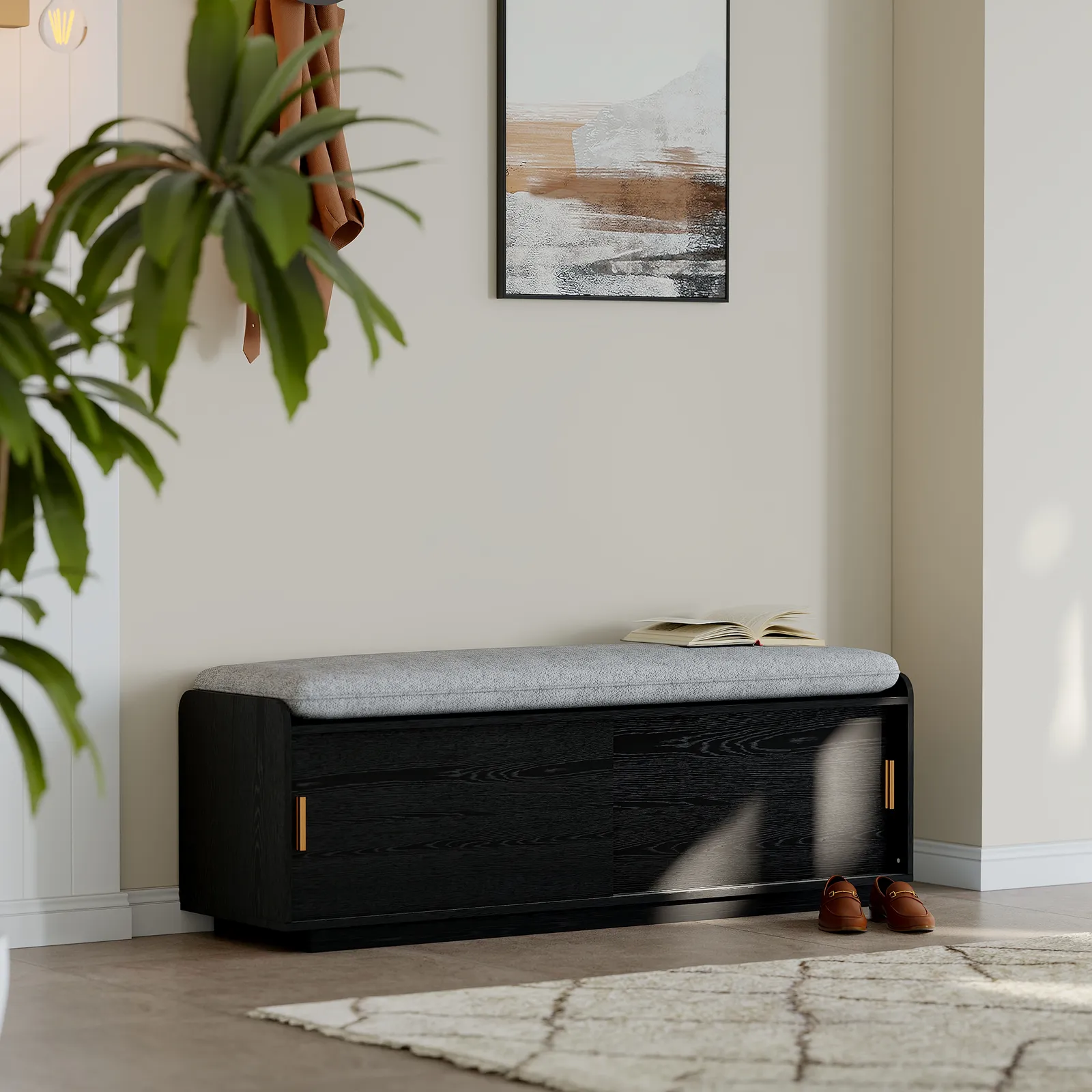 2 Doors Shoe Storage Entryway Bench Black Shoe Rack (135 cm)