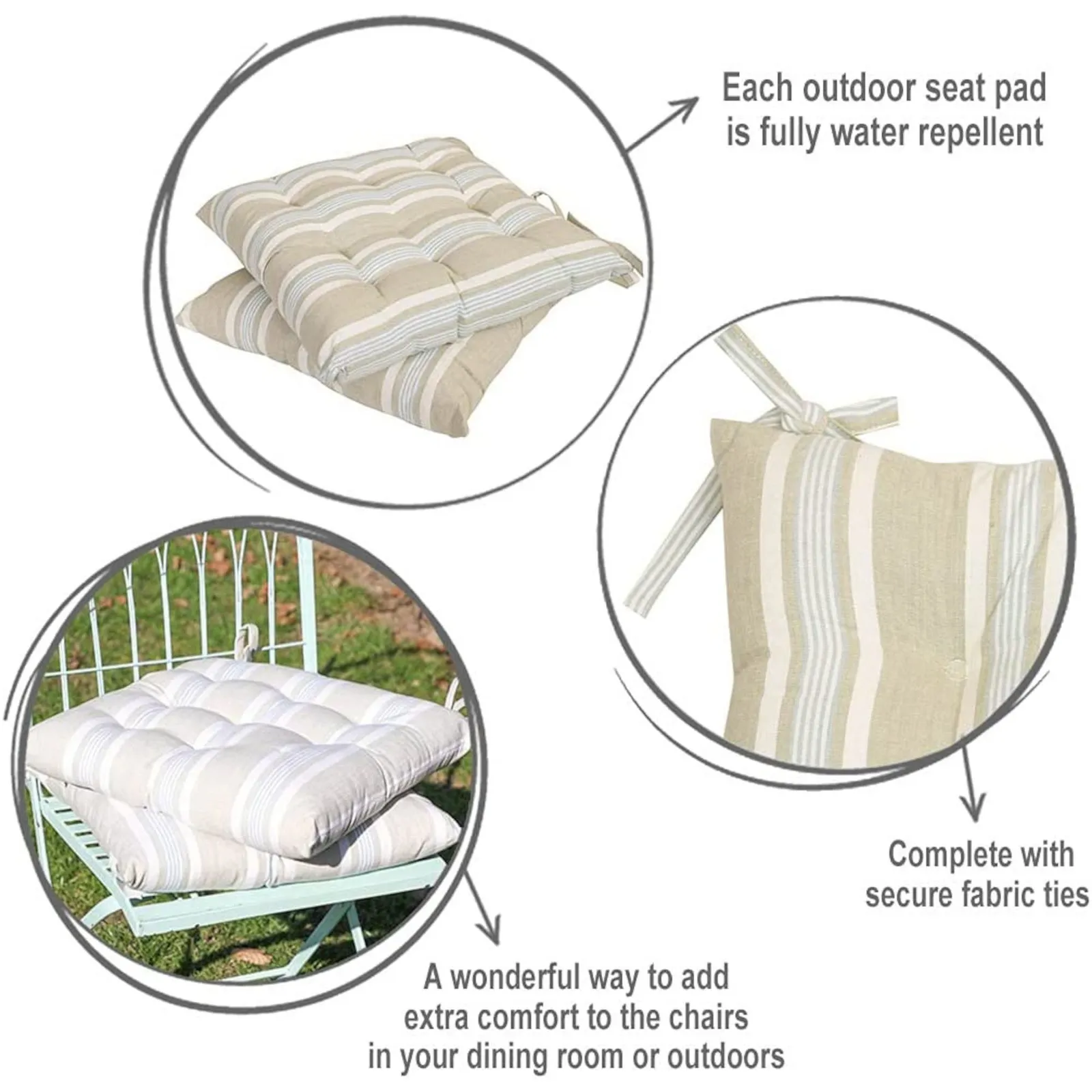 Dibor Set of 4 Traditional Striped Outdoor Chair Seat Pad Garden Furniture Cushions L40cm x W40cm in Beige 6