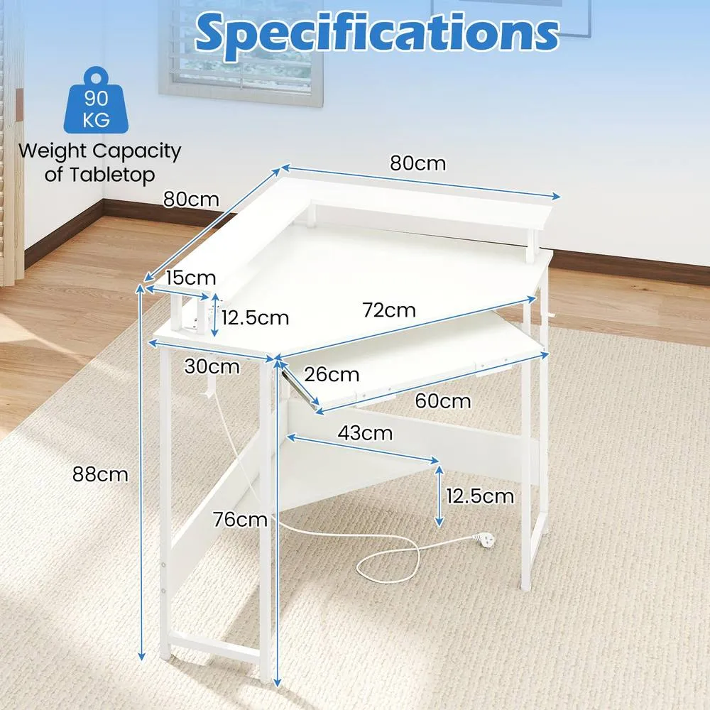 Costway Corner Desk Charging Station Home Triangle Gaming Desk LED in White 2