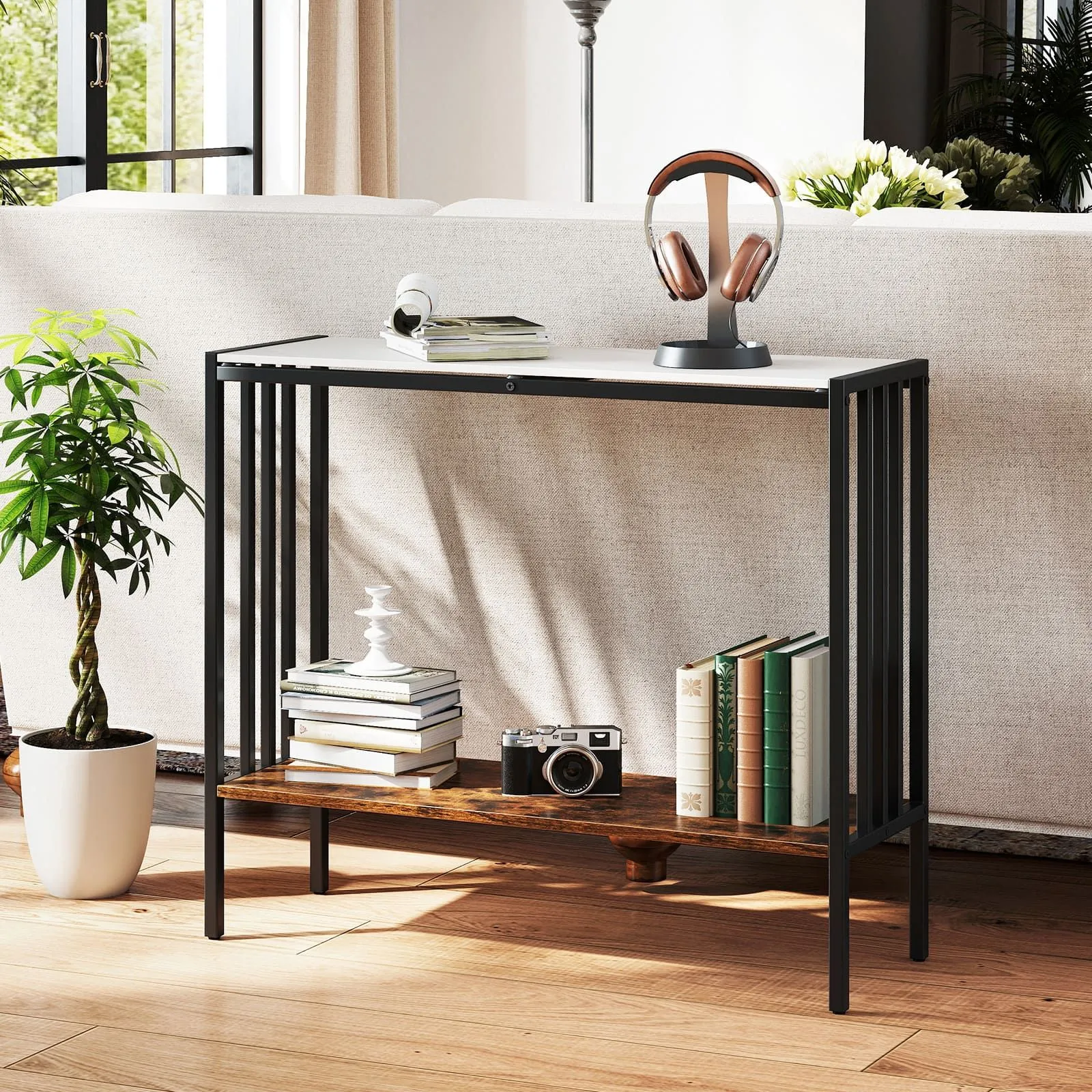 Costway 90 CM Console Table 2-Tier Industrial Foyer Table with Open Shelf in White 3