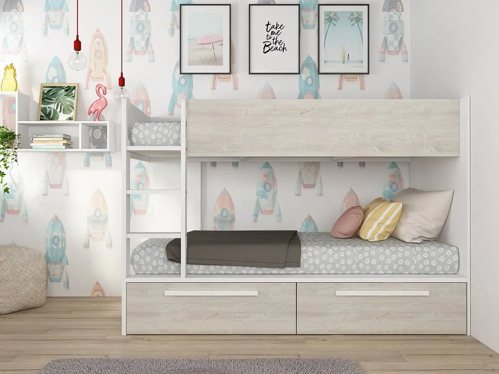 Vente-unique Bunk Beds 2 X 90 X 200 Cm - 2 Drawers - White & Natural - TINOLI in Light Oak 4