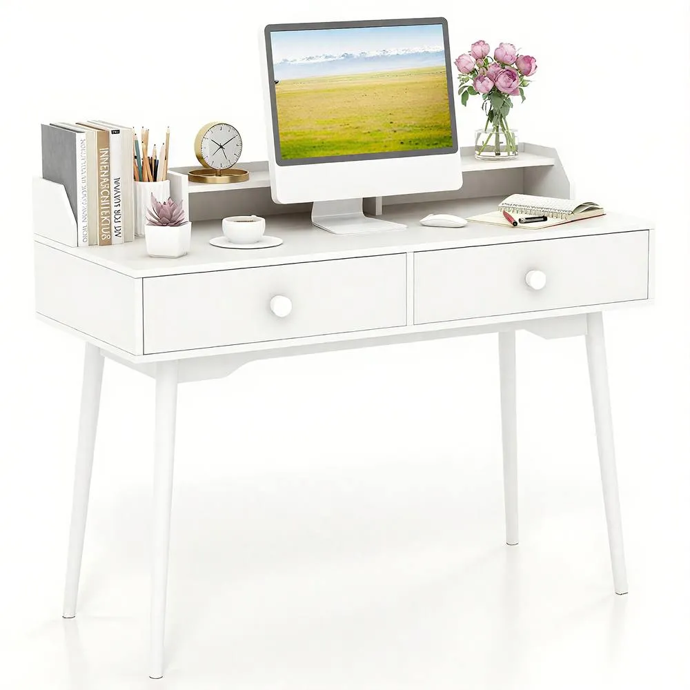Costway Computer Desk 120 CM Wooden Study Table Writing Workstation-White in White