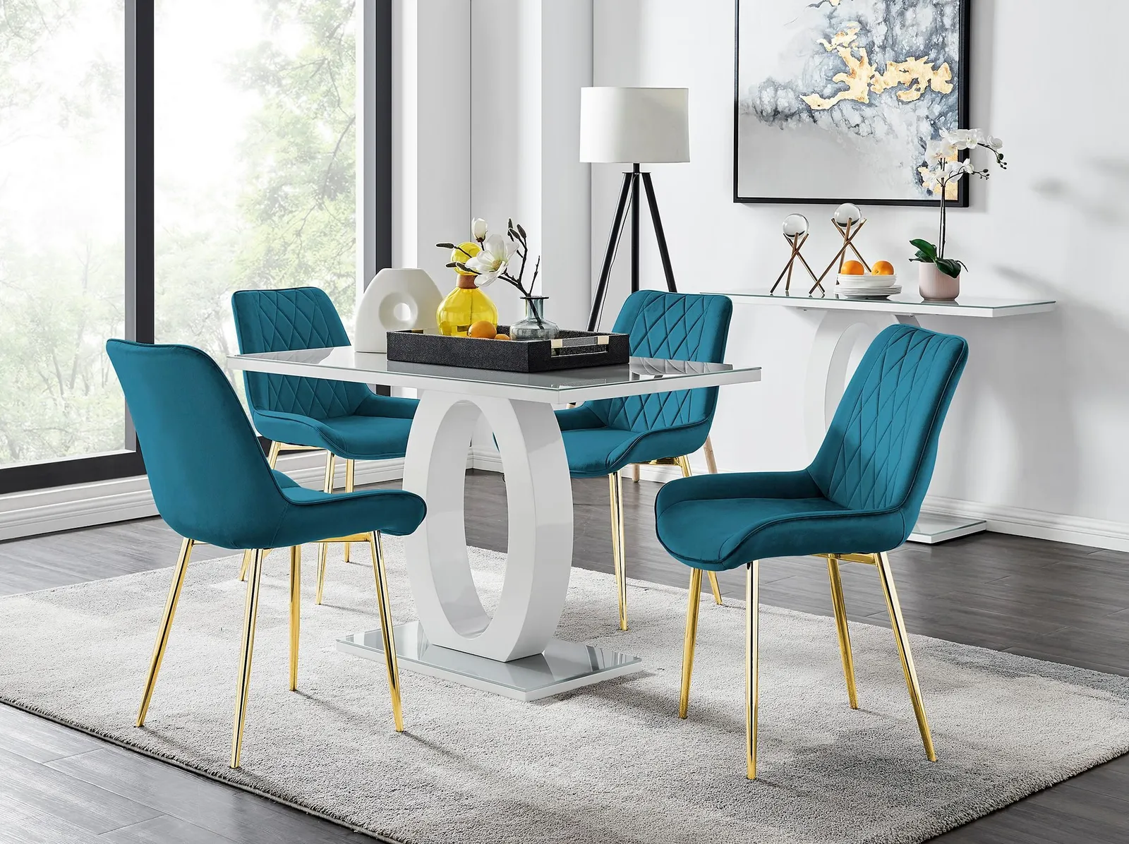 FurnitureboxUK Giovani 4 Grey Dining Table & 4 Pesaro Gold Leg Chairs in Blue