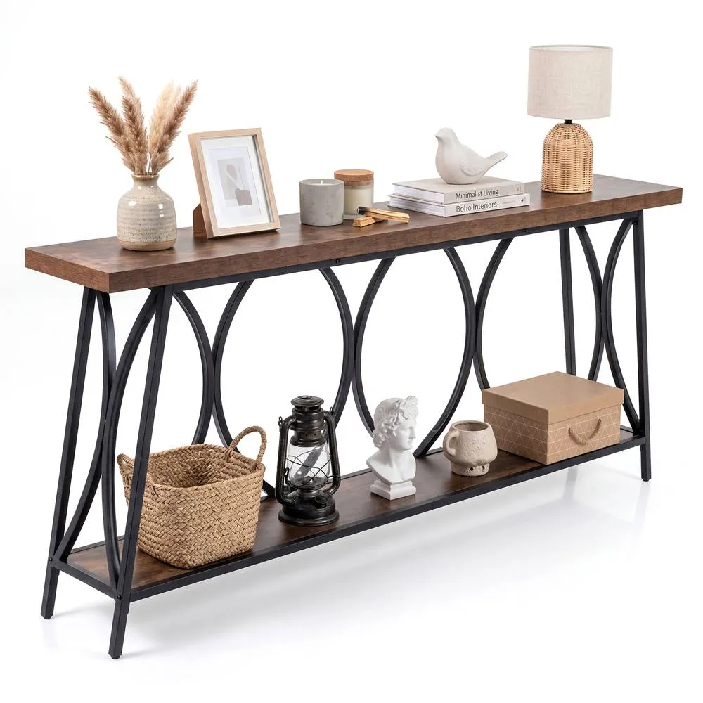 Costway Narrow Sofa Table Behind Couch with Heavy-Duty Metal Frame in Brown 4