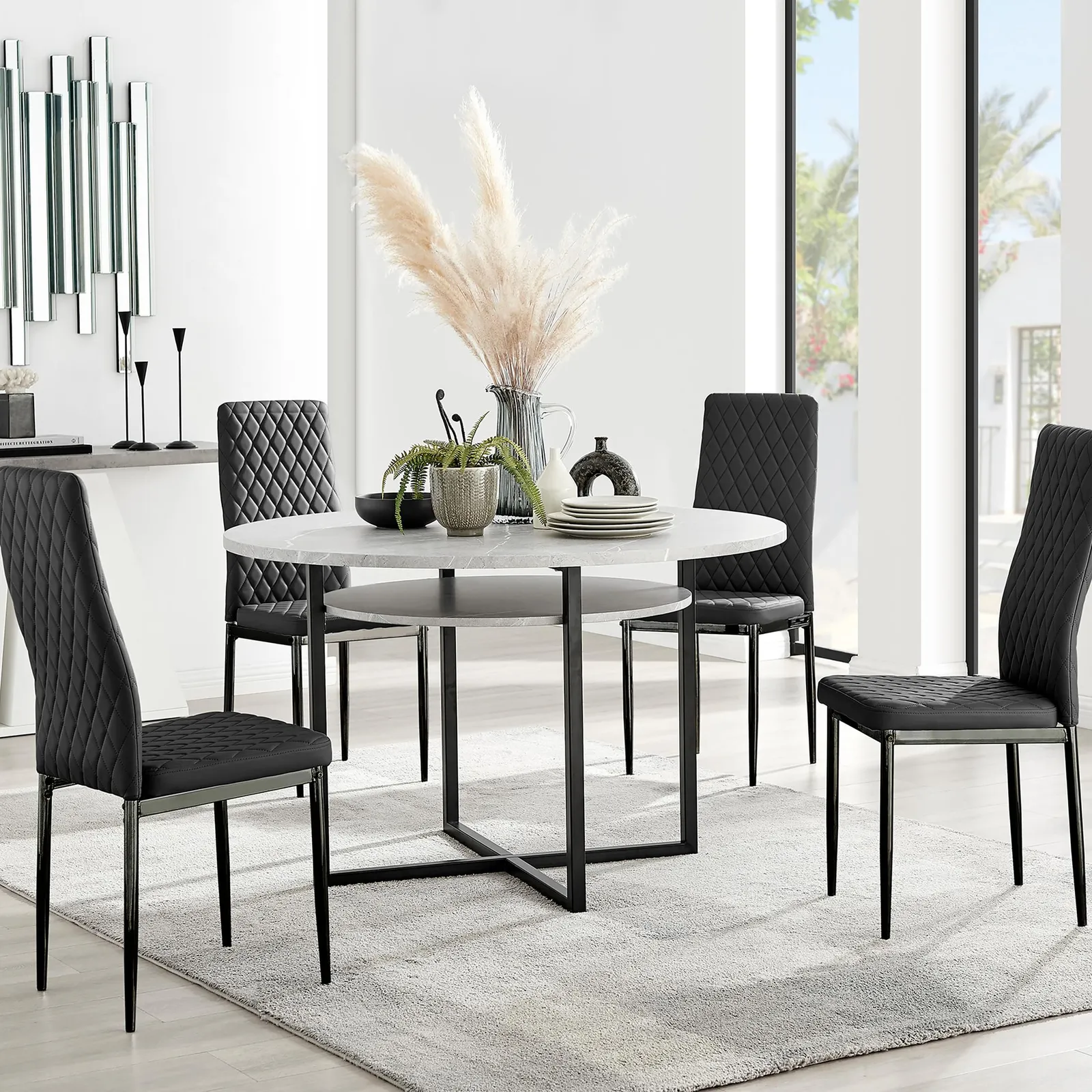 FurnitureboxUK Adley Grey Concrete Effect & Black Round Dining Table with Shelf & 4 Faux Leather Milan Dining Chairs