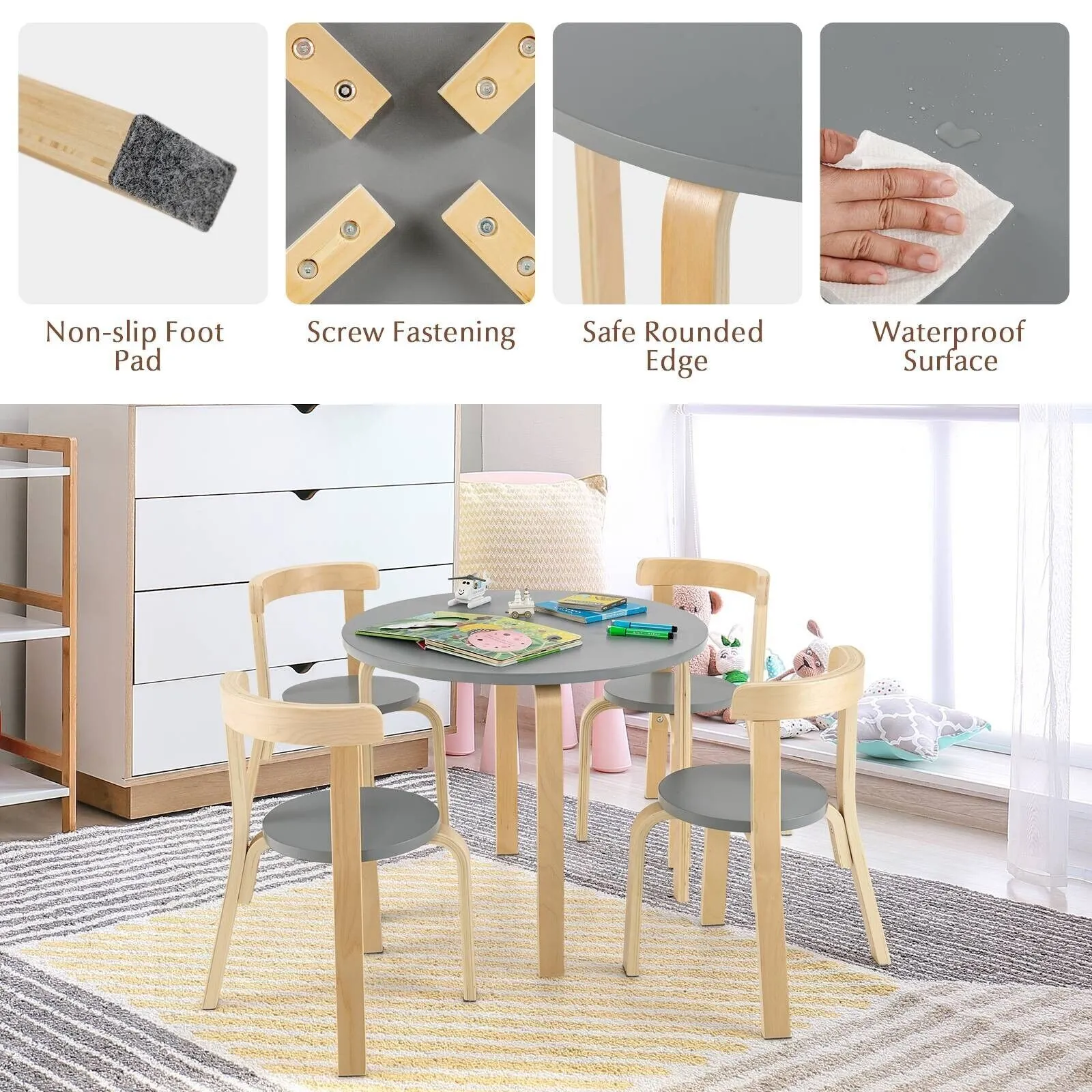 Costway 5-Piece Table & Chair Set Wooden Activity Table 4 Curved Chairs in Grey 5