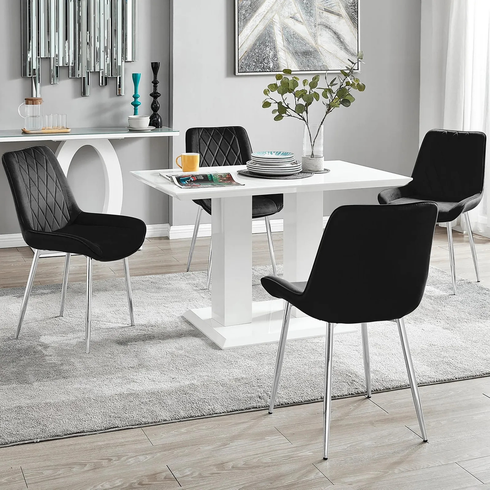 FurnitureboxUK Imperia 4 Seater Modern White High Gloss Rectangular Dining Table & 4 Persaro Velvet Chairs in Black 1