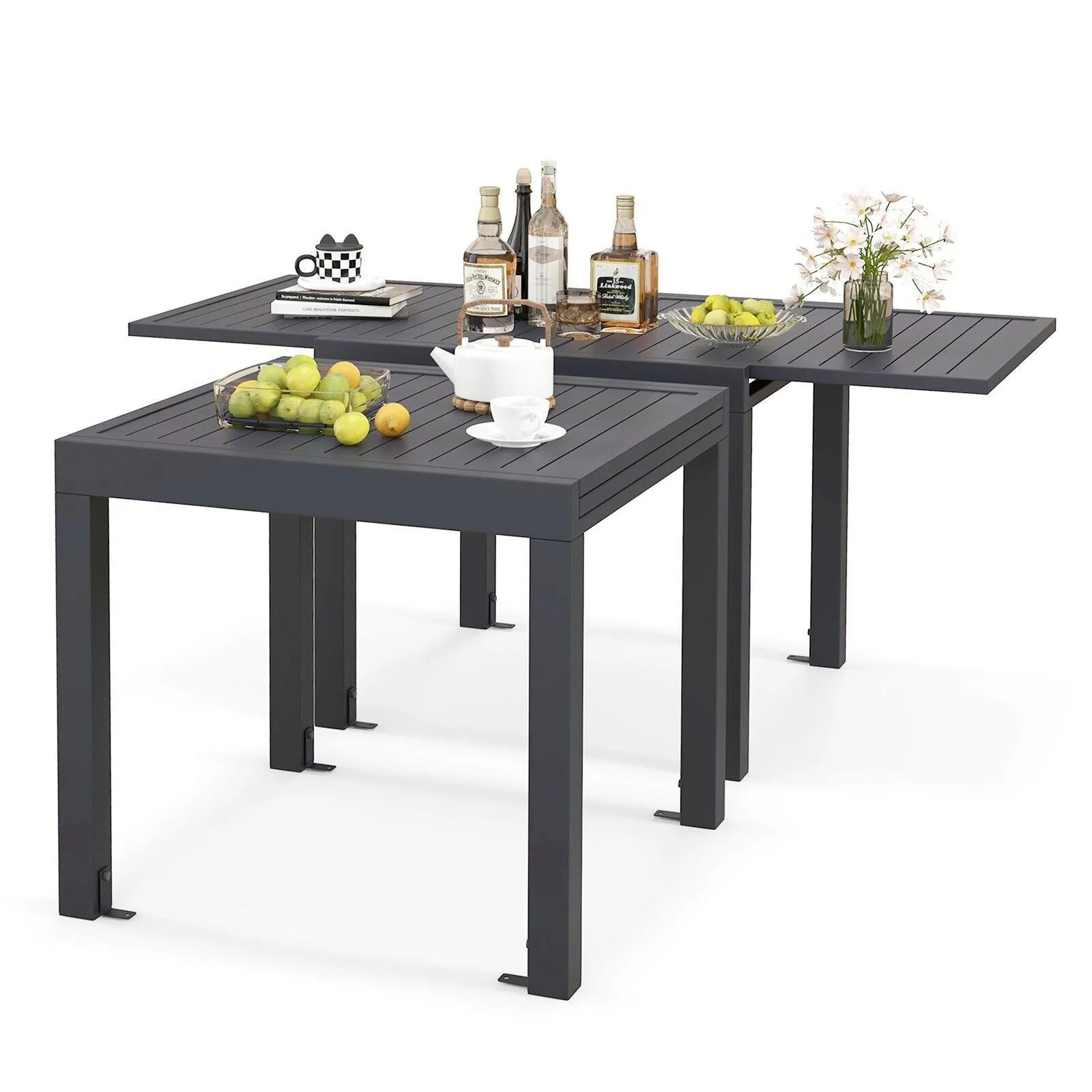 Costway 80 160cm Expandable Patio Dining Table Outdoor Rectangular Aluminum Table for 4 6 Person in Grey