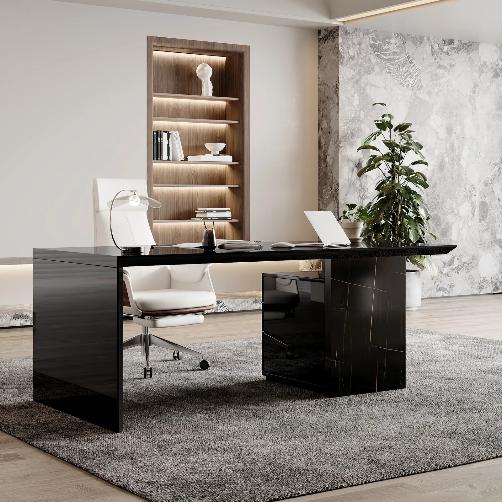Modern Glossy Black Wooden Home Office Desk with Movable File Cabinet Office Furniture (150 cm)