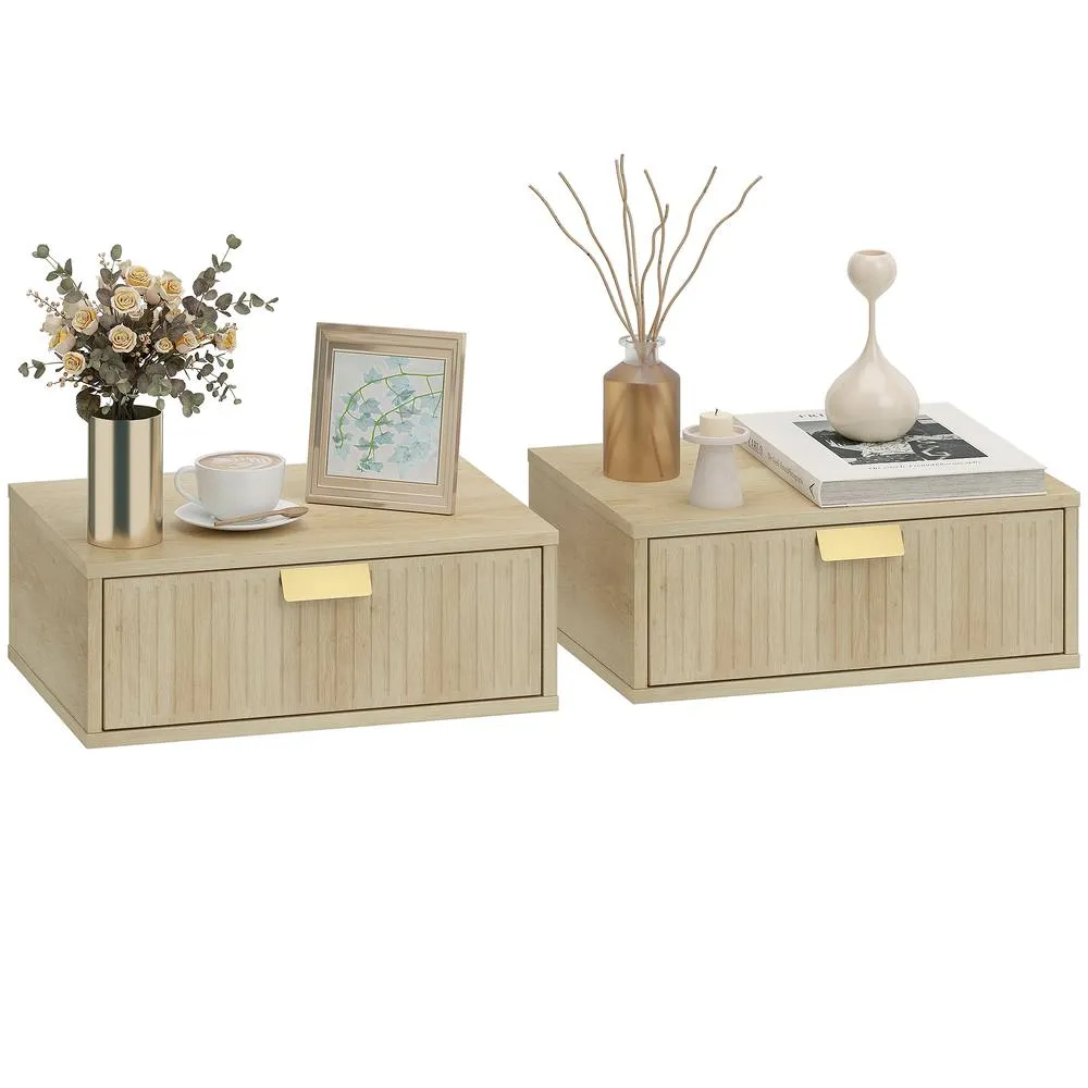 HOMCOM Floating Nightstands Set of 2 Bedside Tables w/ Wave Drawer Oak in Light Oak 2