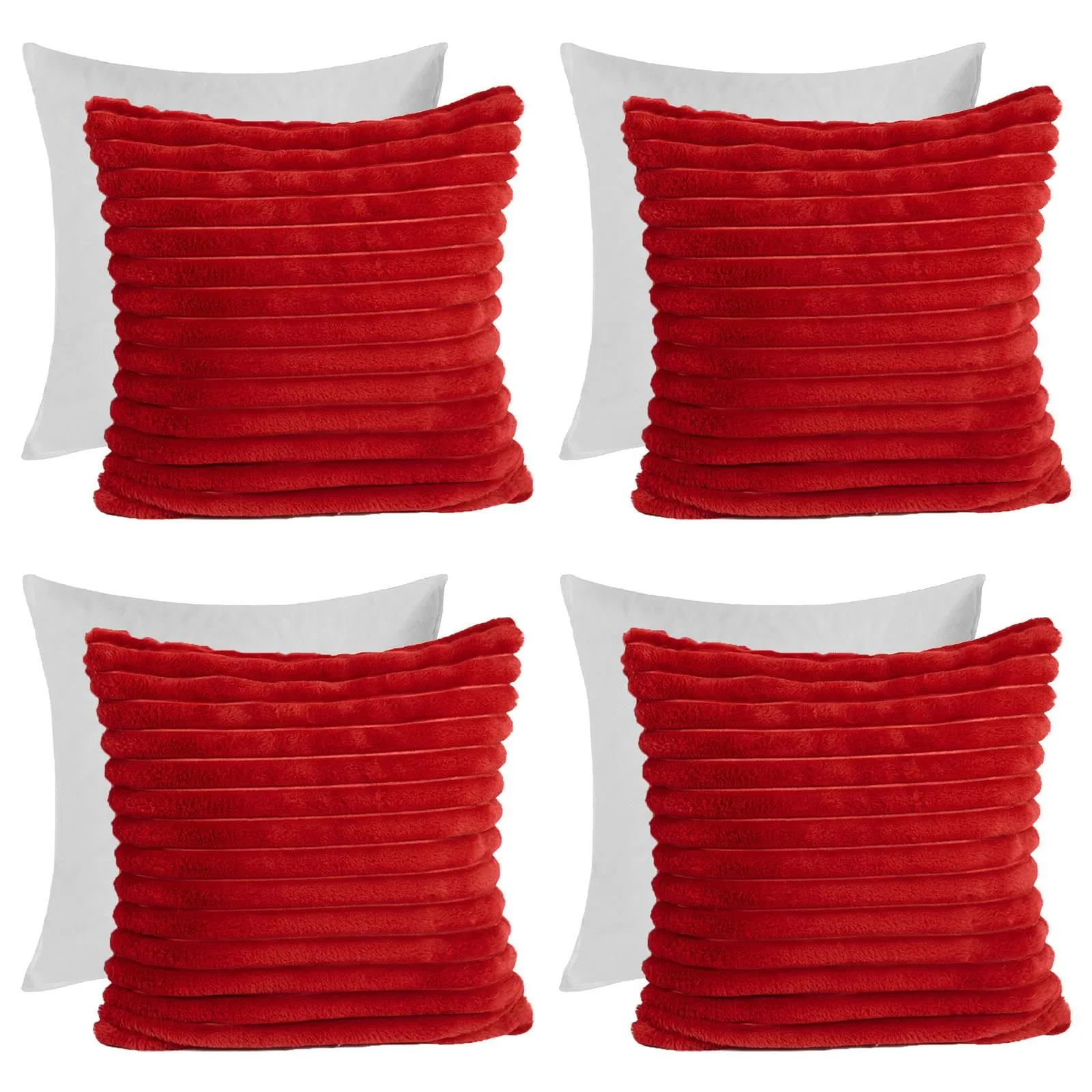 OHS 4 x Faux Fur Thick Rib Filled Cushion Covers in Red