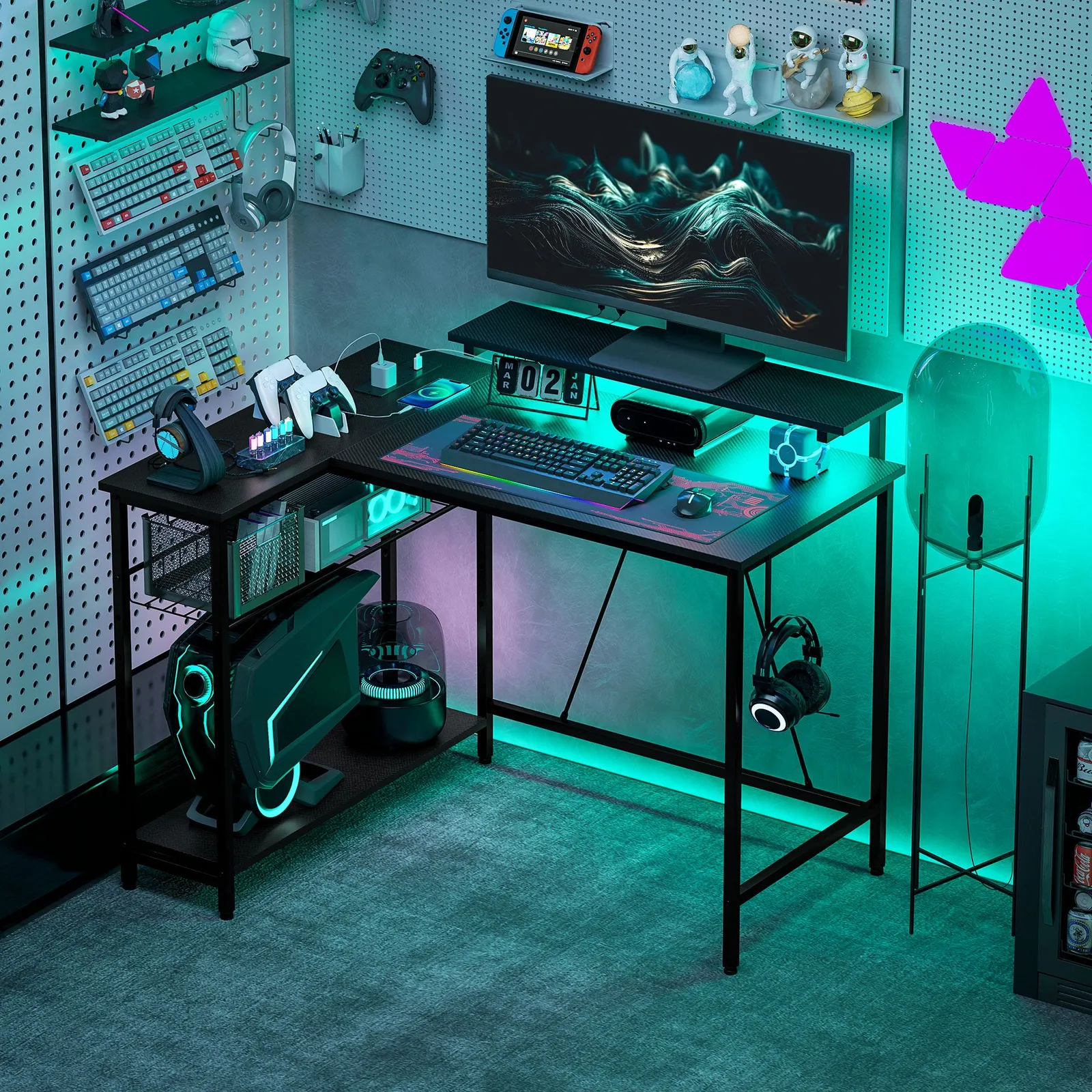 HOMCOM L Shaped Desk with LED Lights & Storage, Black