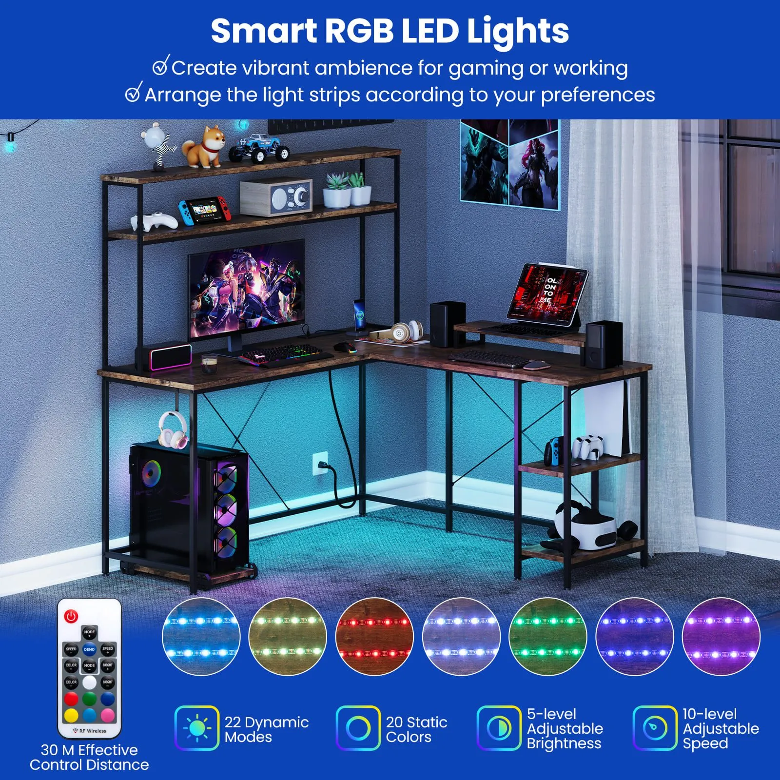 Costway L-Shaped Gaming Desk Reversible Corner Computer Desk w/LED Strip in Brown 4