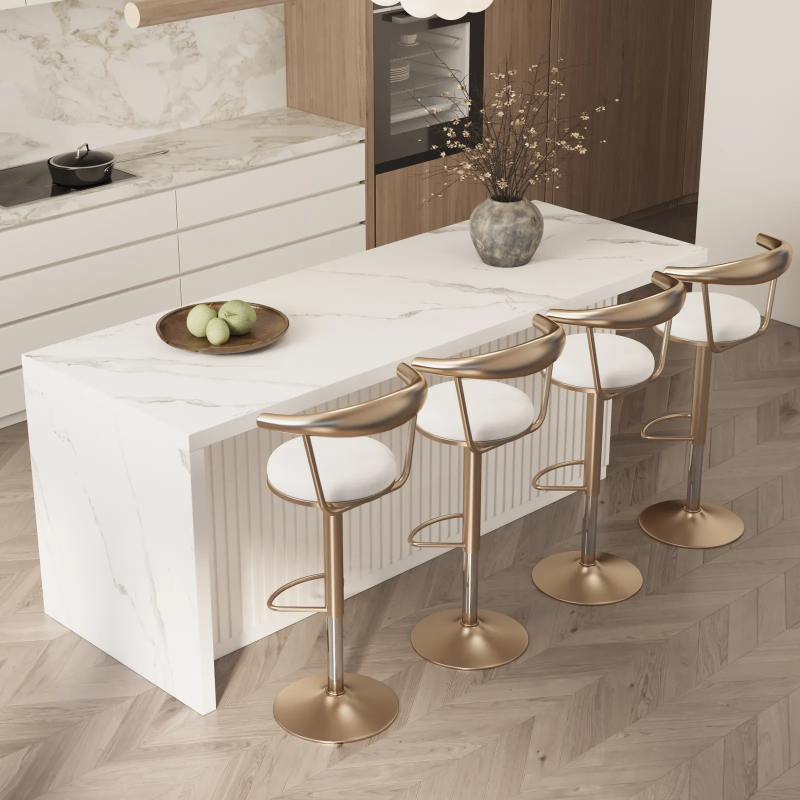 1830mm Large White Kitchen Island & 4 Bar Height Stools Set Adjustable & Swivel