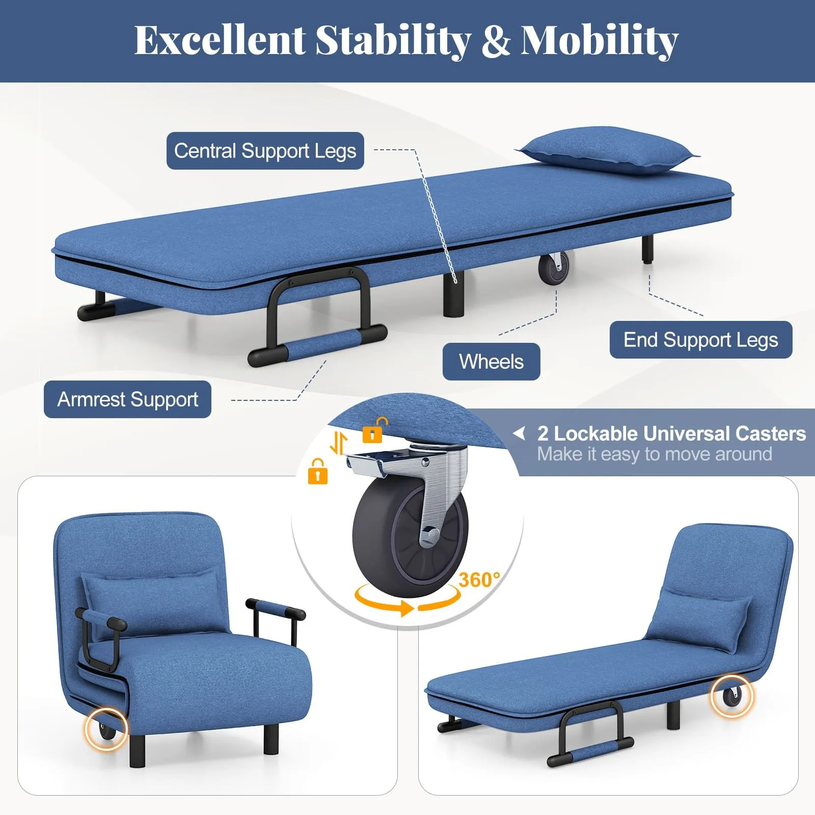 Costway Single Folding Sofa Bed Chair Modern Fabric Sleep Function Holder-Blue in Blue 5