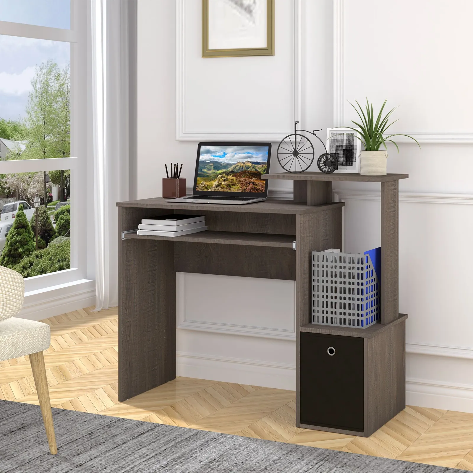 HOMCOM Computer Desk with Sliding Keyboard Tray Storage Drawer Shelf in Grey 2