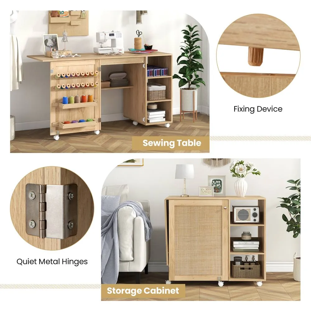 Costway Folding Sewing Table Sewing Machine Craft Station w/18 Pegs&2 Bins in Natural 6