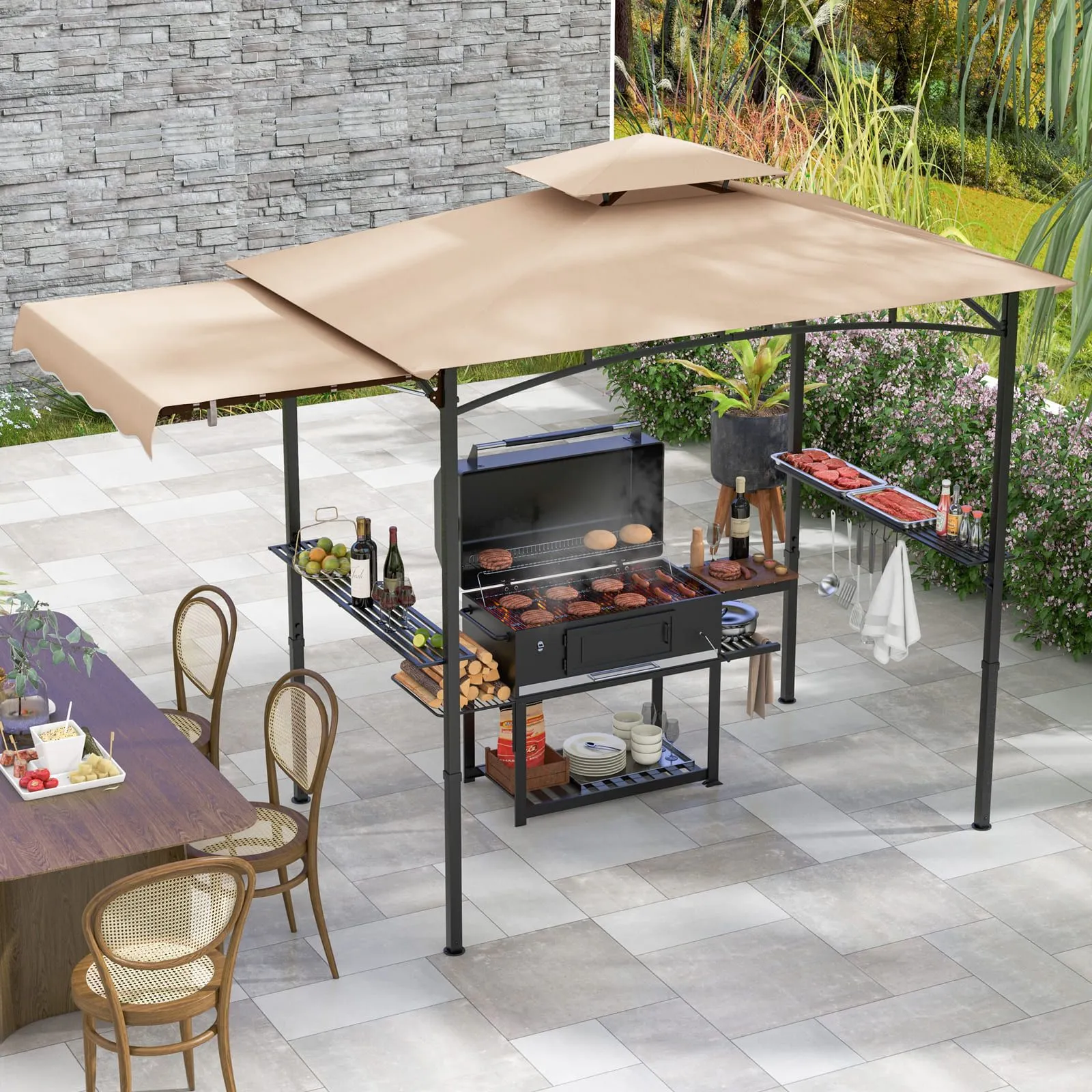 Costway 318x153cm Grill Gazebo Outdoor Barbecue Canopy Tent w/Side Awning in Beige 3