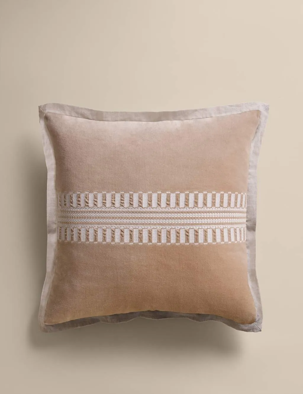 M&S Pure Cotton Velvet Embroidery Panel Cushion Biscuit