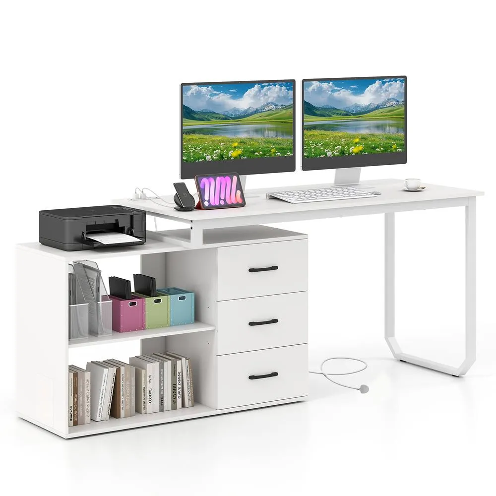 Costway 140cm Reversible L Shaped Desk w/ Power Outlet Study Writing Table in White